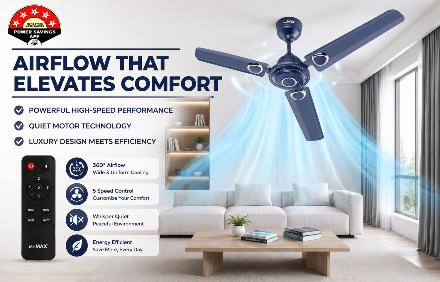 Image of MinMAX 48 Inch BLDC Ceiling Fan with Remote | Energy Efficient | Blue with 24 Months Warranty BLDC Motor, Remote Controlled, BLDC Motor with Remote, Ultra High Speed 1200 mm Ceiling Fan