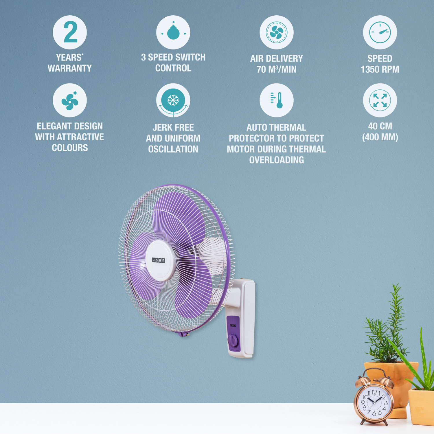 Image of USHA Maxx Air with 2 Year Warranty 400 mm Wall Fan (Purple White | Pack of 1)