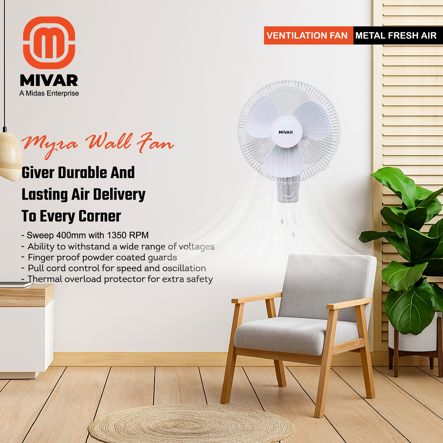 Image of MIVAR ME-MRWF-400 BY MIDAS ELECTRONICS PVT. LTD with 24 Months Warranty 600 mm Wall Fan