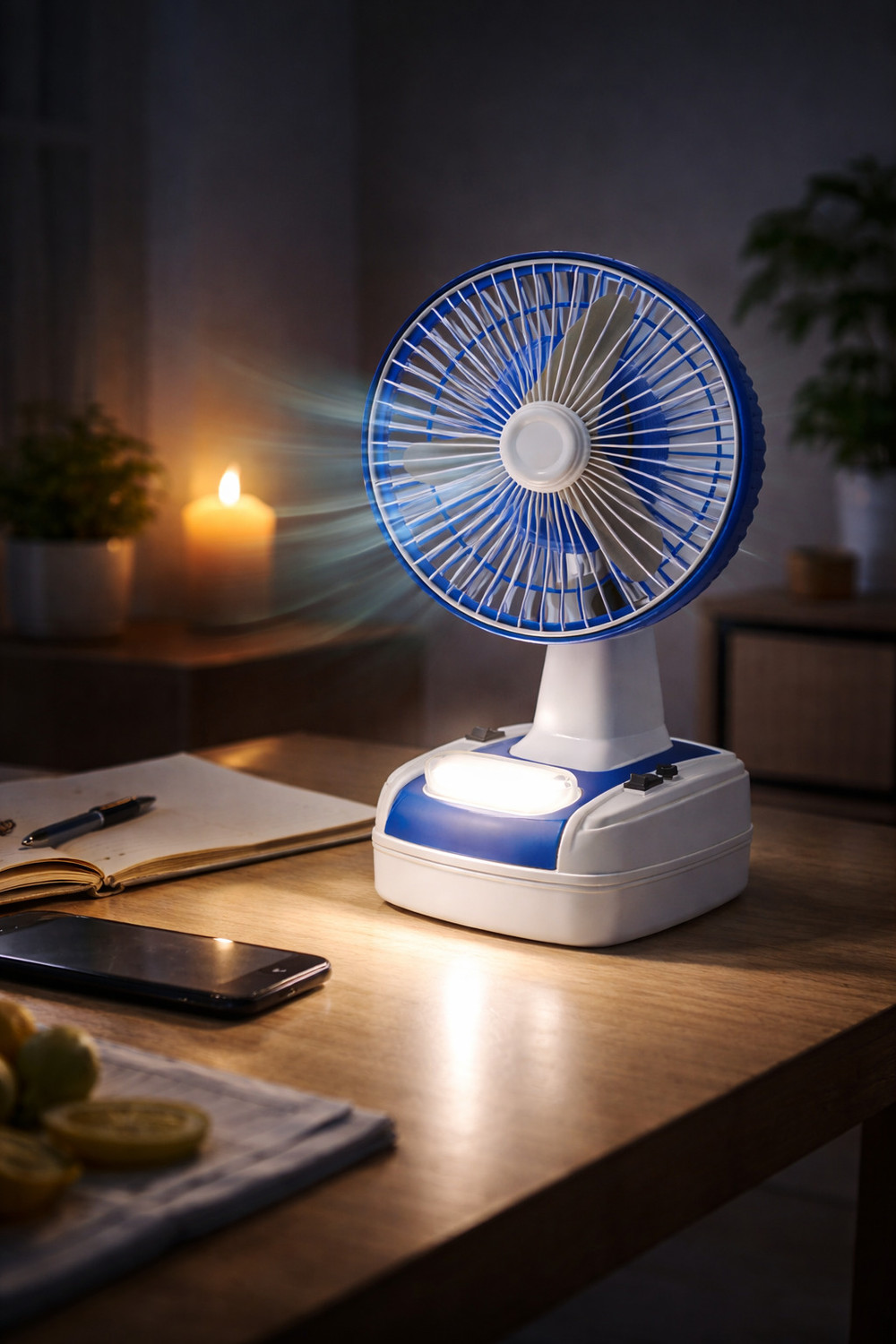 Image of ROPIOR RP-Chargetablefan-001-Blue | Rechargeable | LED Light Energy Saving, Anti Rust, Silent Operation, Underlight 400 mm Table Fan