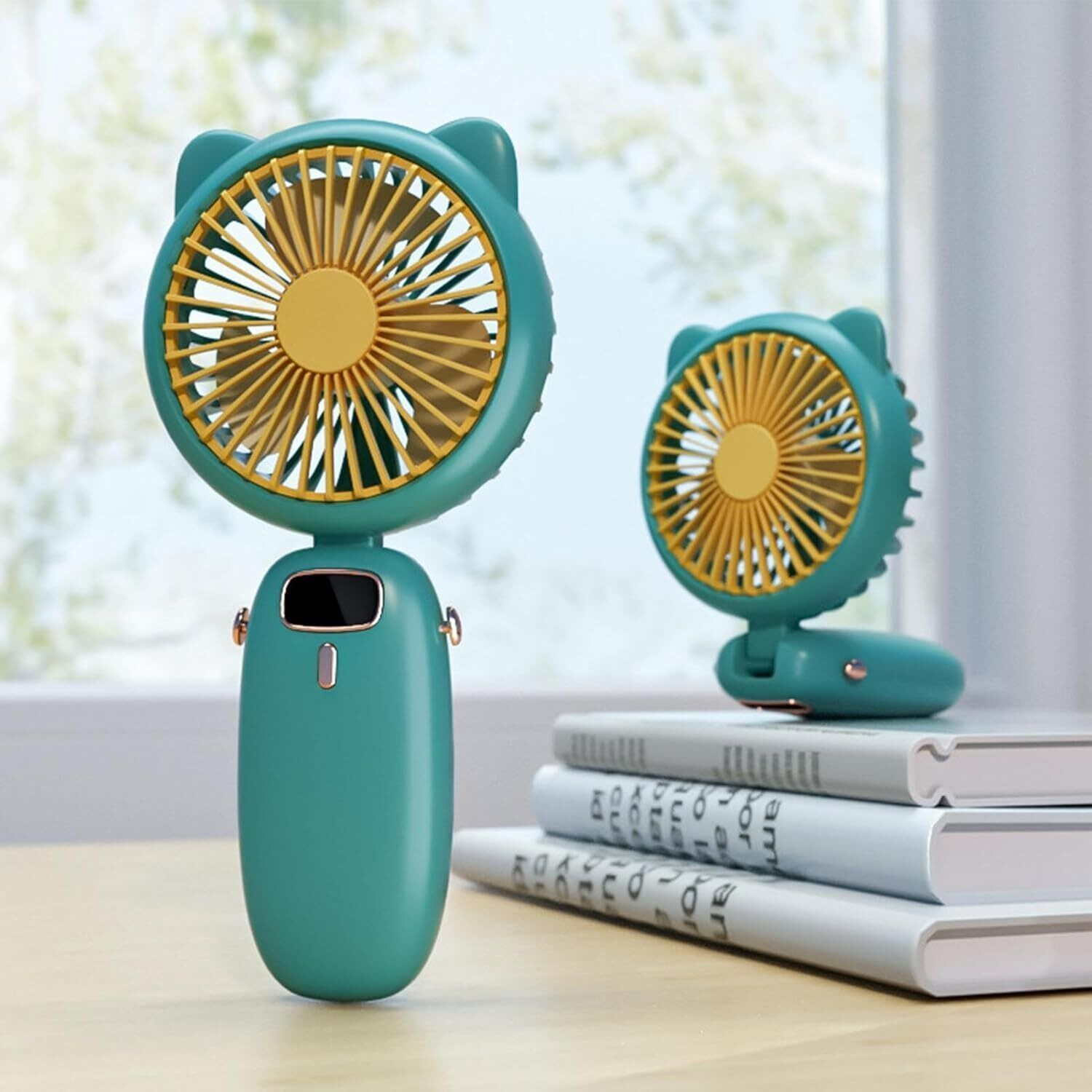 Image of ECOSKY 4 MODES HANDLELD FOLDING CAT EAR FAN USB C TYPE CHARGING Green with 1 Year Warranty Ultra High Speed 4 mm Table Fan