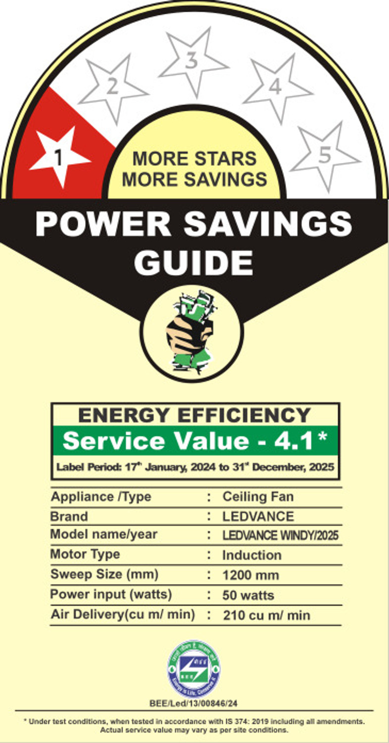 Image of ledvance Windy Ceiling Fan | 400 RPM High Speed | 1200mm | Heavy Motor | BEE Star Rated with 2 Year Warranty Ultra High Speed 1200 mm Ceiling Fan