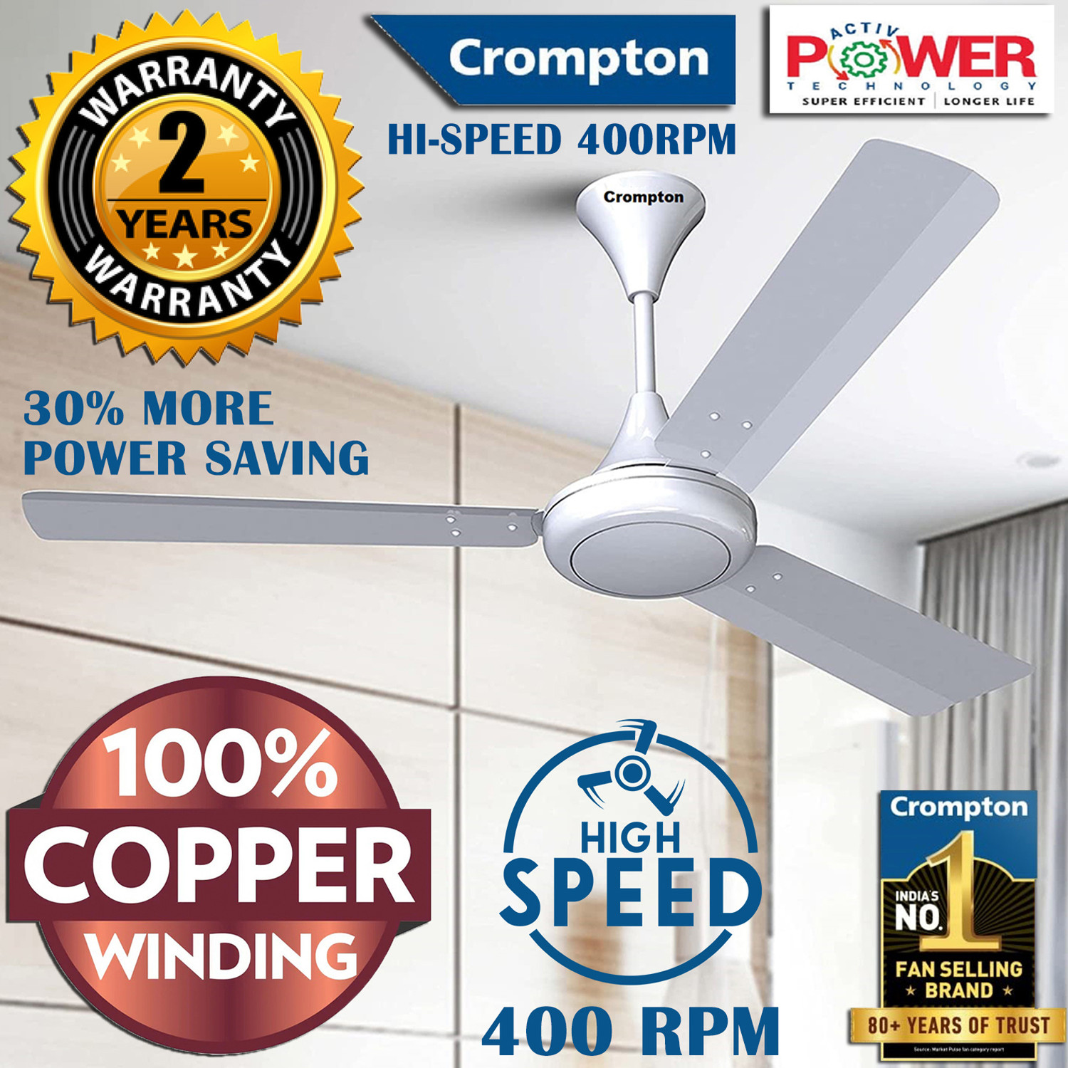 Image of Crompton Surebreeze SUPER HIGH SPEED PLUS 400 rpm Energy Efficient 43W 100% Copper92 with 24 Months Warranty Energy Saving 1200 mm Ceiling Fan