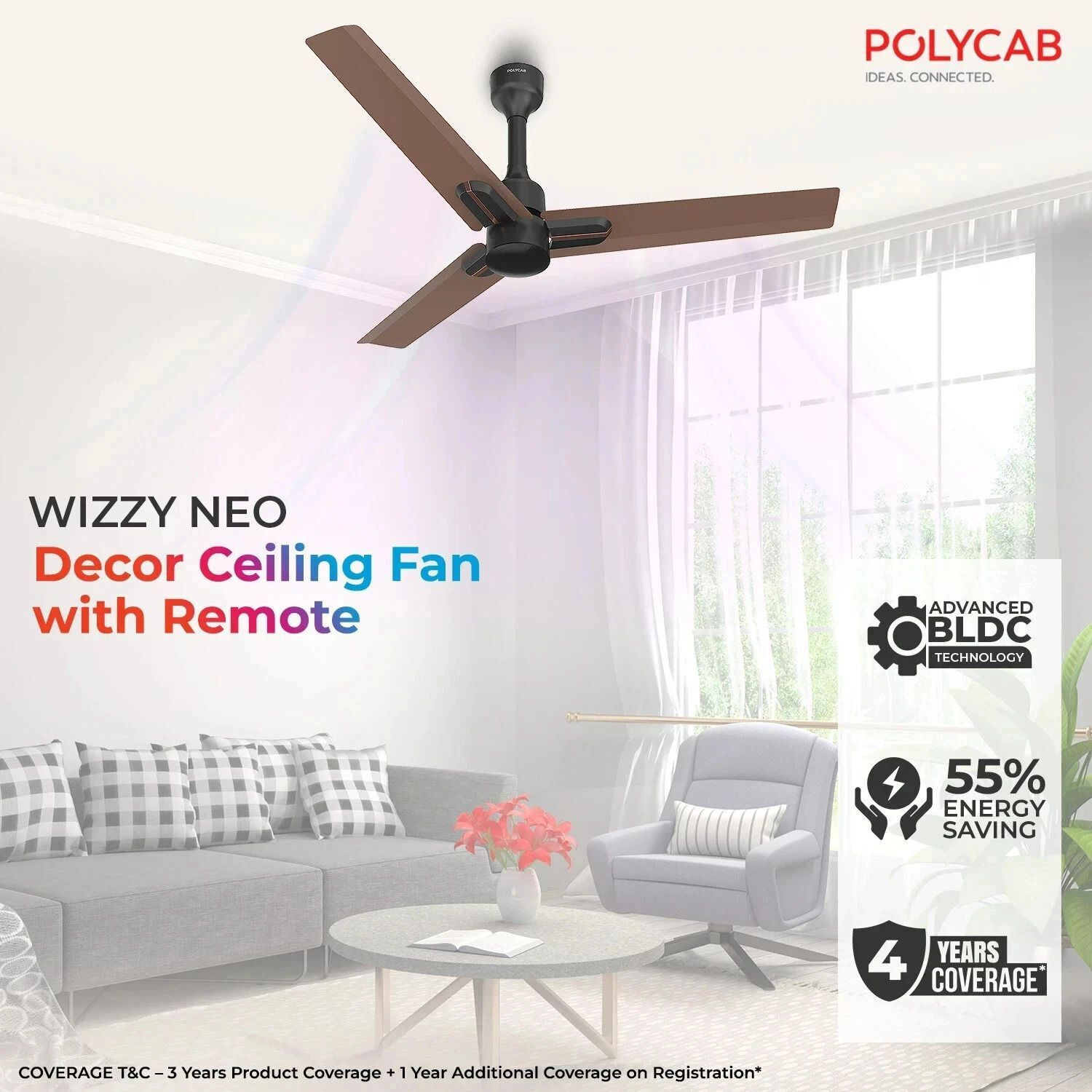 Image of Polycab Wizzy Neo100% CopperHigh Air Delivery with 4 Year Warranty BLDC Motor with Remote 1200 mm Ceiling Fan (5 Star | Brown Copper | Pack of 1)