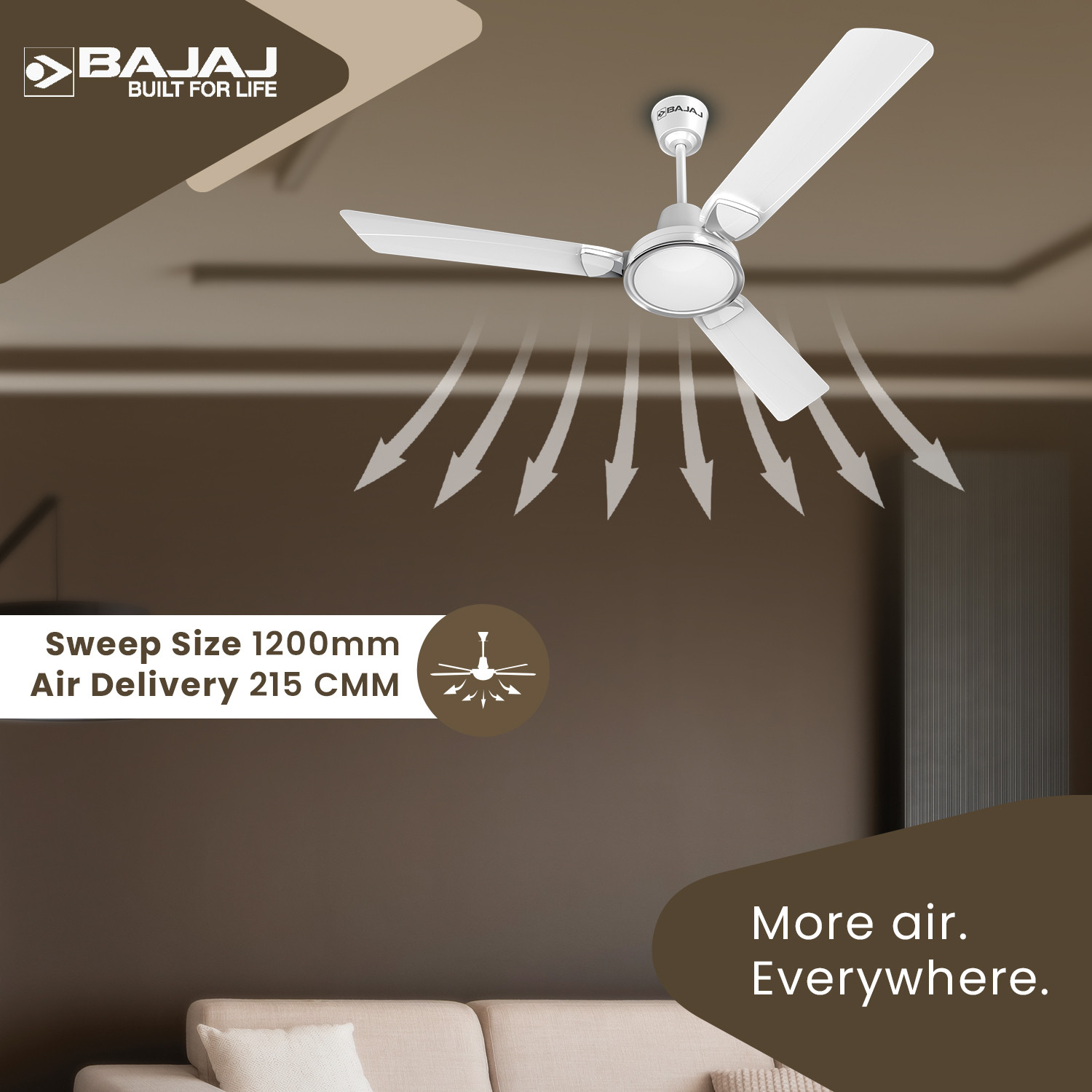 Image of BAJAJ Crescent with 3 Year Warranty Anti Rust, Energy Saving, High Air Delivery, Ultra High Speed 1200 mm Ceiling Fan