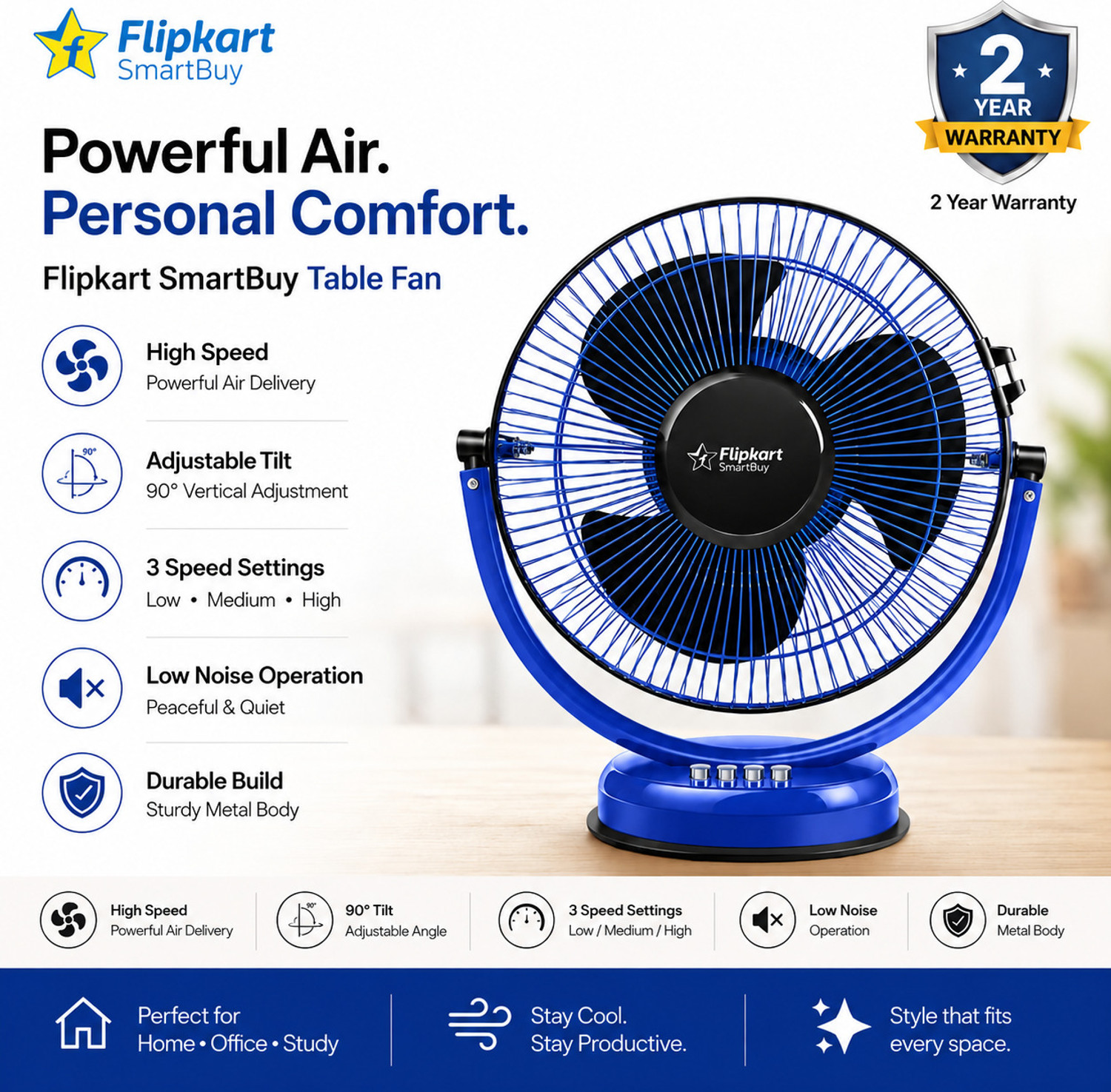 Image of Flipkart SmartBuy Atomic with 24 Months Warranty High Air Delivery, Ultra High Speed 300 mm Table Fan