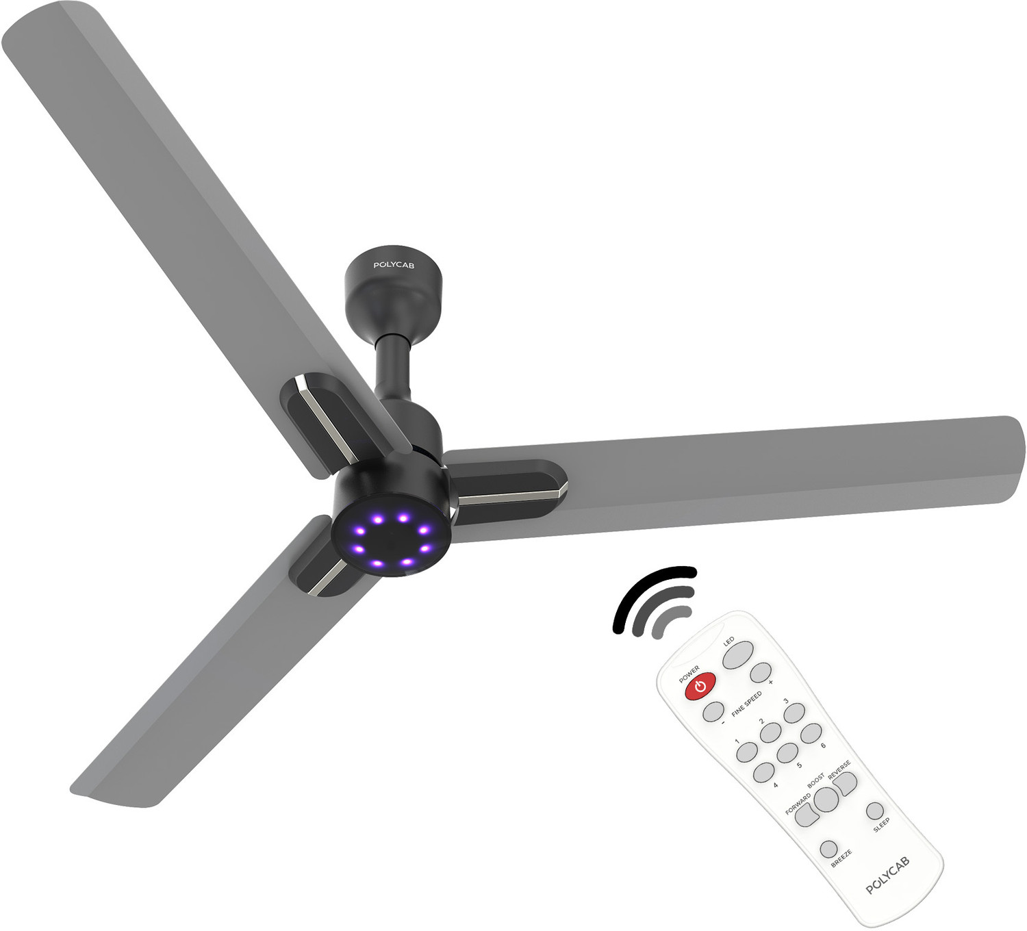Image of Polycab Wizzy Neo LED 2.0100% CopperHigher Air DeliveryLED Indicator with 3 Year Warranty BLDC Motor with Remote 1200 mm Ceiling Fan
