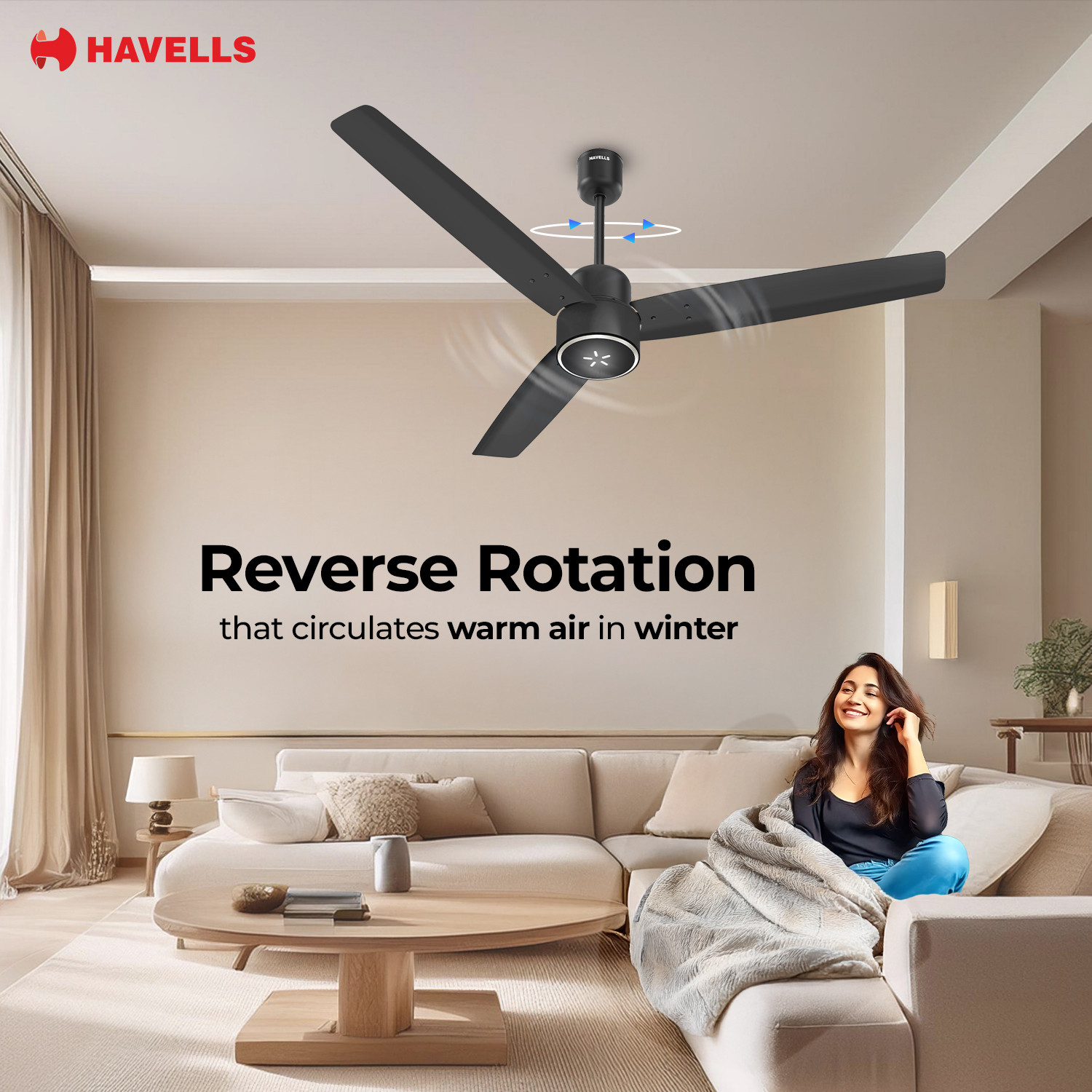Image of HAVELLS FAB ULED|LED Speed Indicator|Remote Controlled|Upto 65% Energy Saving with 3 Year Warranty BLDC Motor with Remote 1200 mm Ceiling Fan (5 Star | Matt Black | Pack of 1)