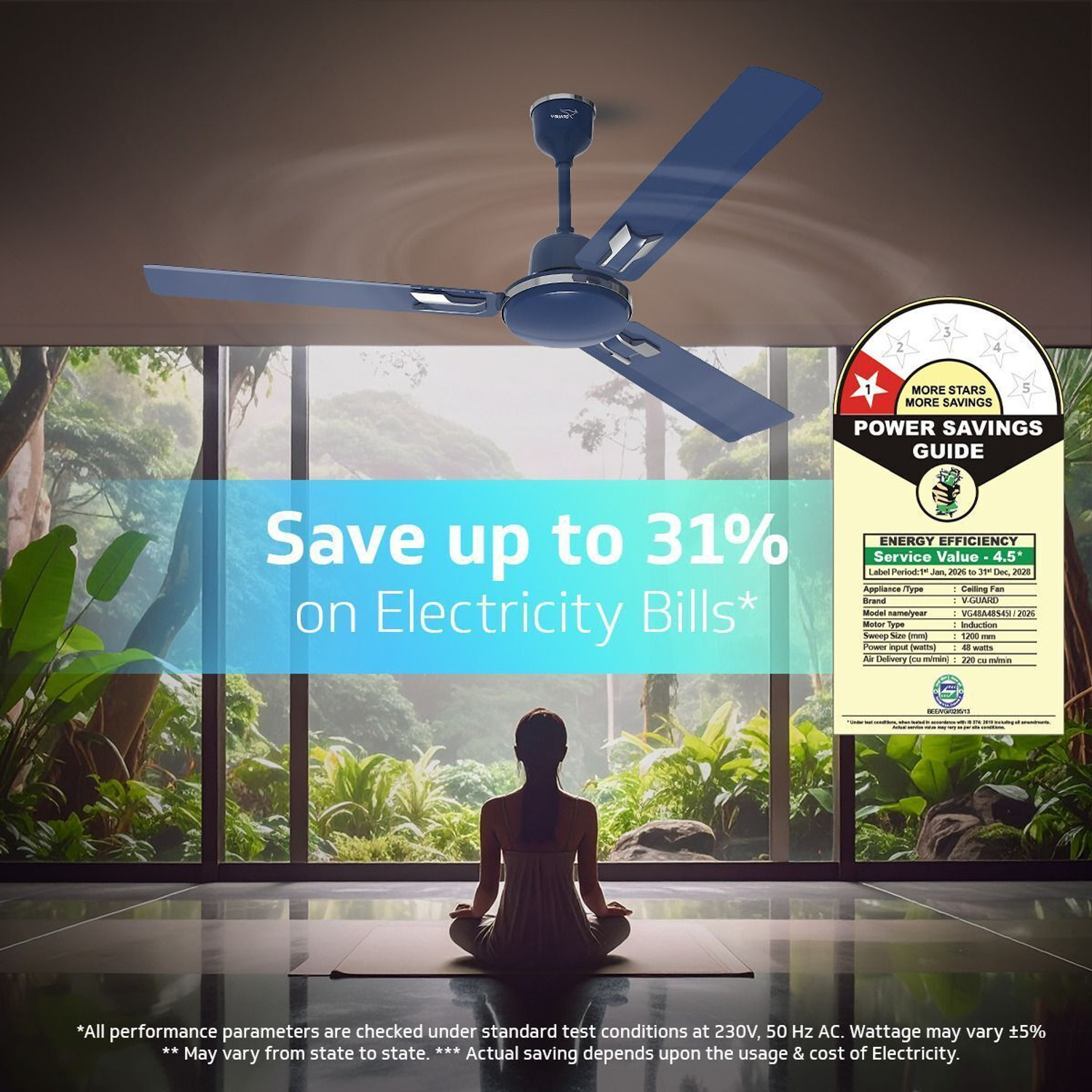 Image of V-Guard Pace Art Bz (Royal Blue) | Energy Saving | High Speed | Decorative with 2 Year Warranty Energy Saving 1200 mm Ceiling Fan