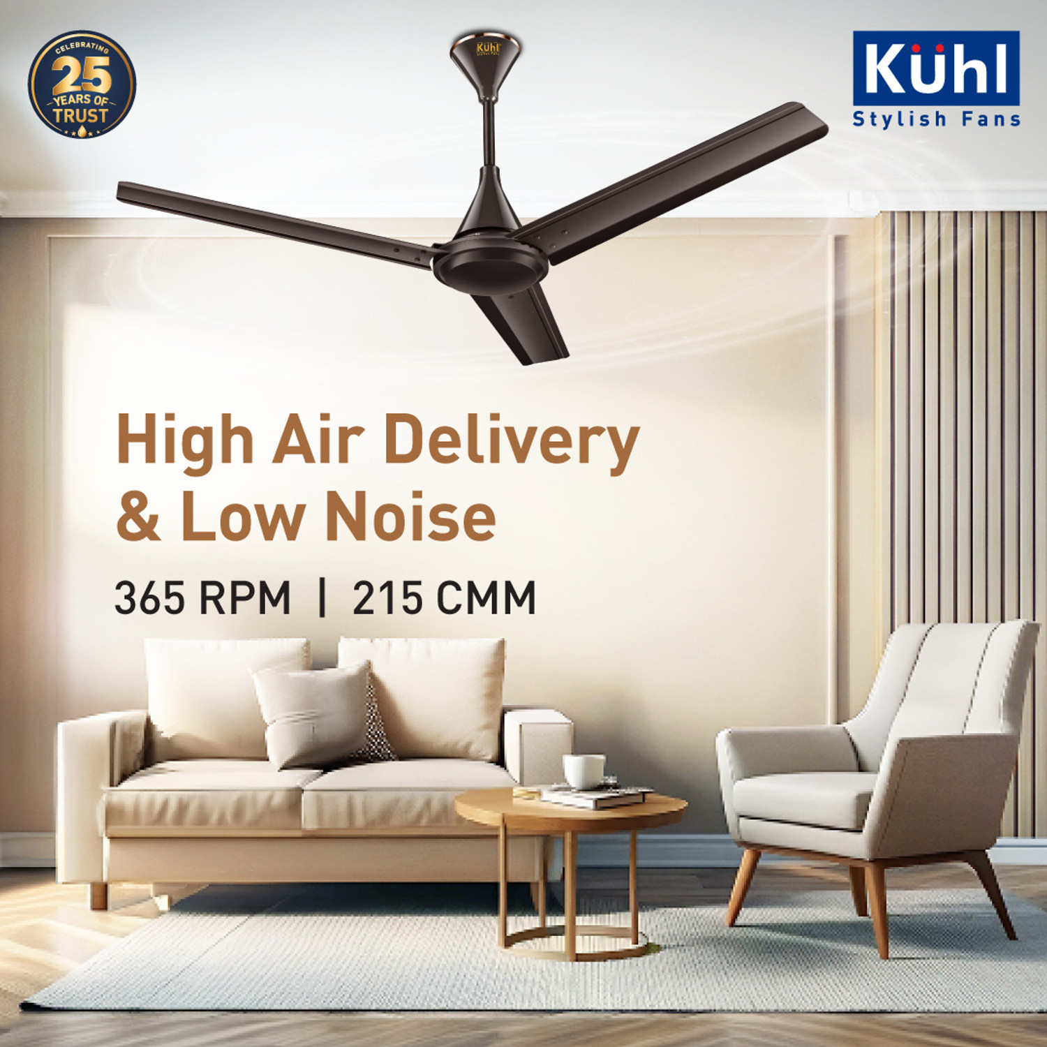 Image of KUHL Fest B1 Power Saving BLDC Ceiling Fan |28W|365 RPM | Remote & Regulator Operated BLDC Motor with Remote 1200 mm Ceiling Fan (5 Star | Espresso | Pack of 1)