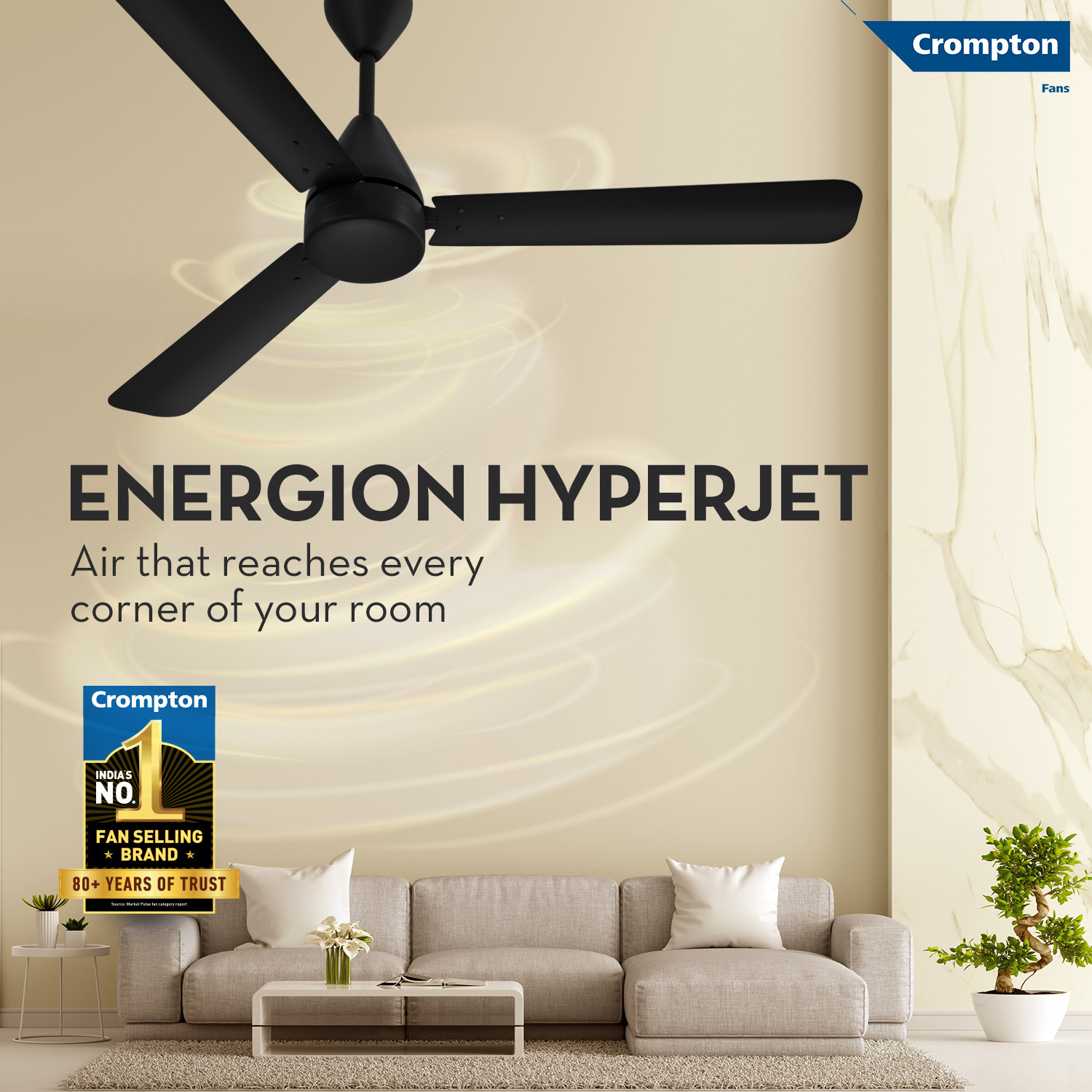 Image of Crompton Energion Hyperjet | BLDC Technology | Remote Control with 3 Year Warranty BLDC Motor with Remote, Energy Saving, High Air Delivery, Remote Controlled 1200 mm Ceiling Fan (5 Star | Matte Black | Pack of 1)