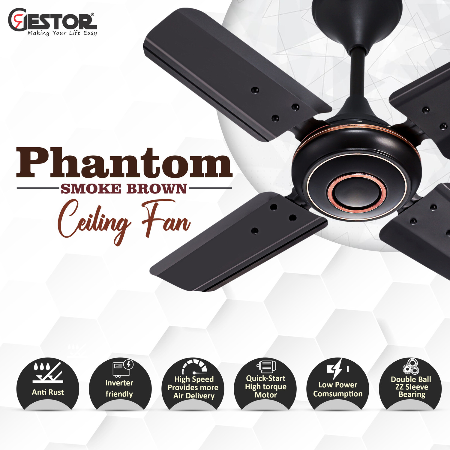 Image of GESTOR Phantom | Ultra High Speed | 24 inch Semi-Decorative with 36 Months Warranty Anti Dust 600 mm Ceiling Fan