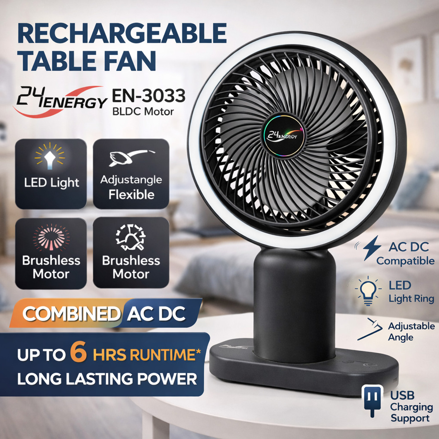 Image of nts Mini Portable USB Rechargeable Fan 3 Speed Cute Bear Table Fan BLDC Motor, Energy Saving 100 mm Table Fan