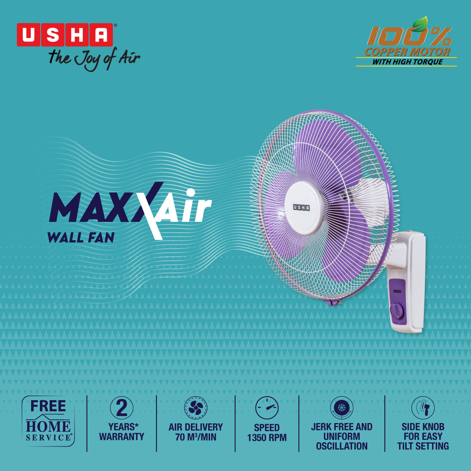 Image of USHA Maxx Air with 2 Year Warranty 400 mm Wall Fan (Purple White | Pack of 1)