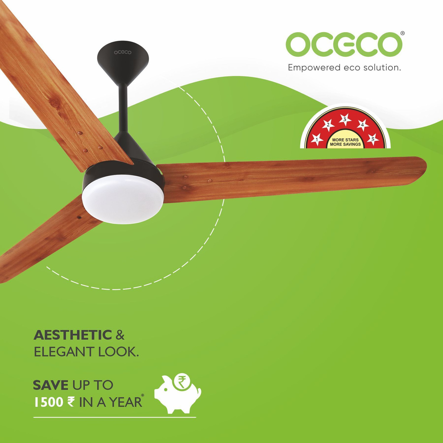Image of oceco Fansio Light Wooden with 3 Year Warranty BLDC Motor with Remote 1200 mm Ceiling Fan