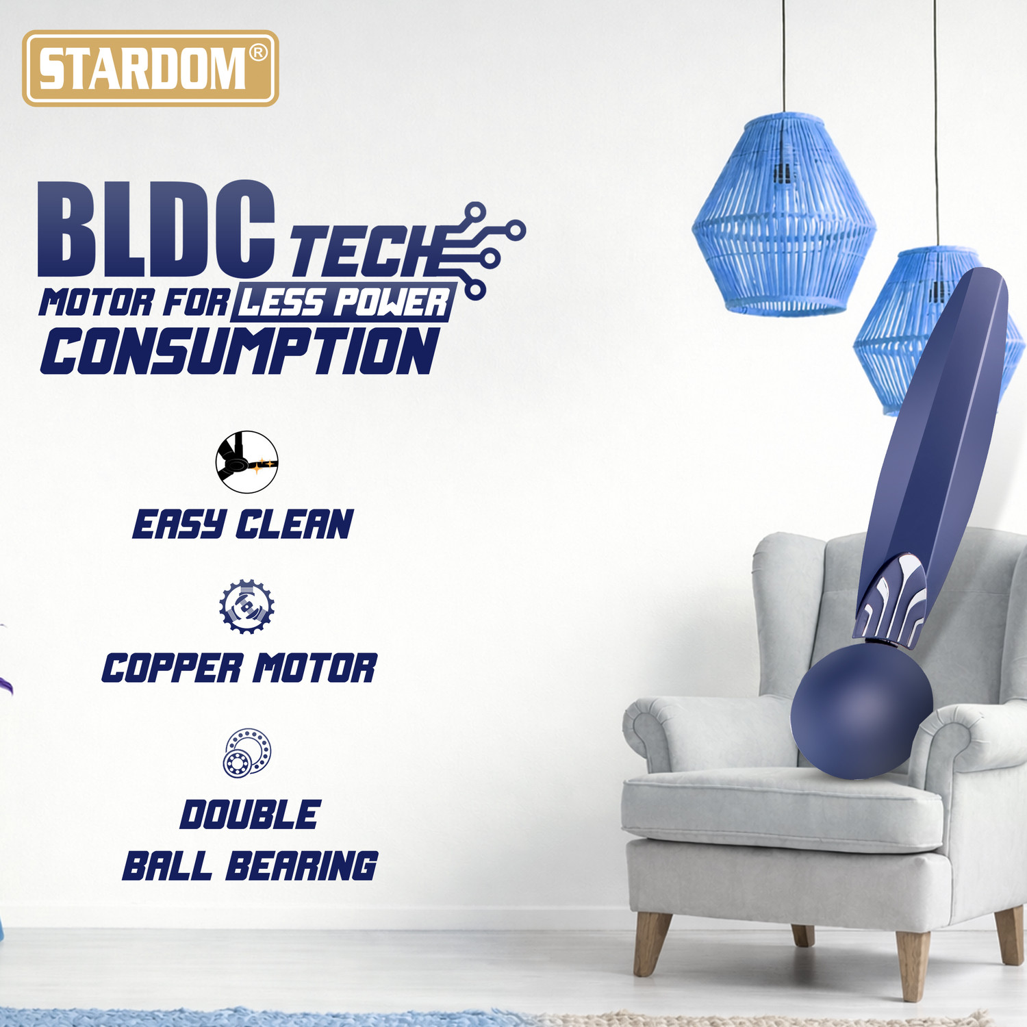 Image of Stardom RACER MET BLUE | BLDC Motor | 4 Blade | Premium with 5 Year Warranty BLDC Motor with Remote 1200 mm Ceiling Fan