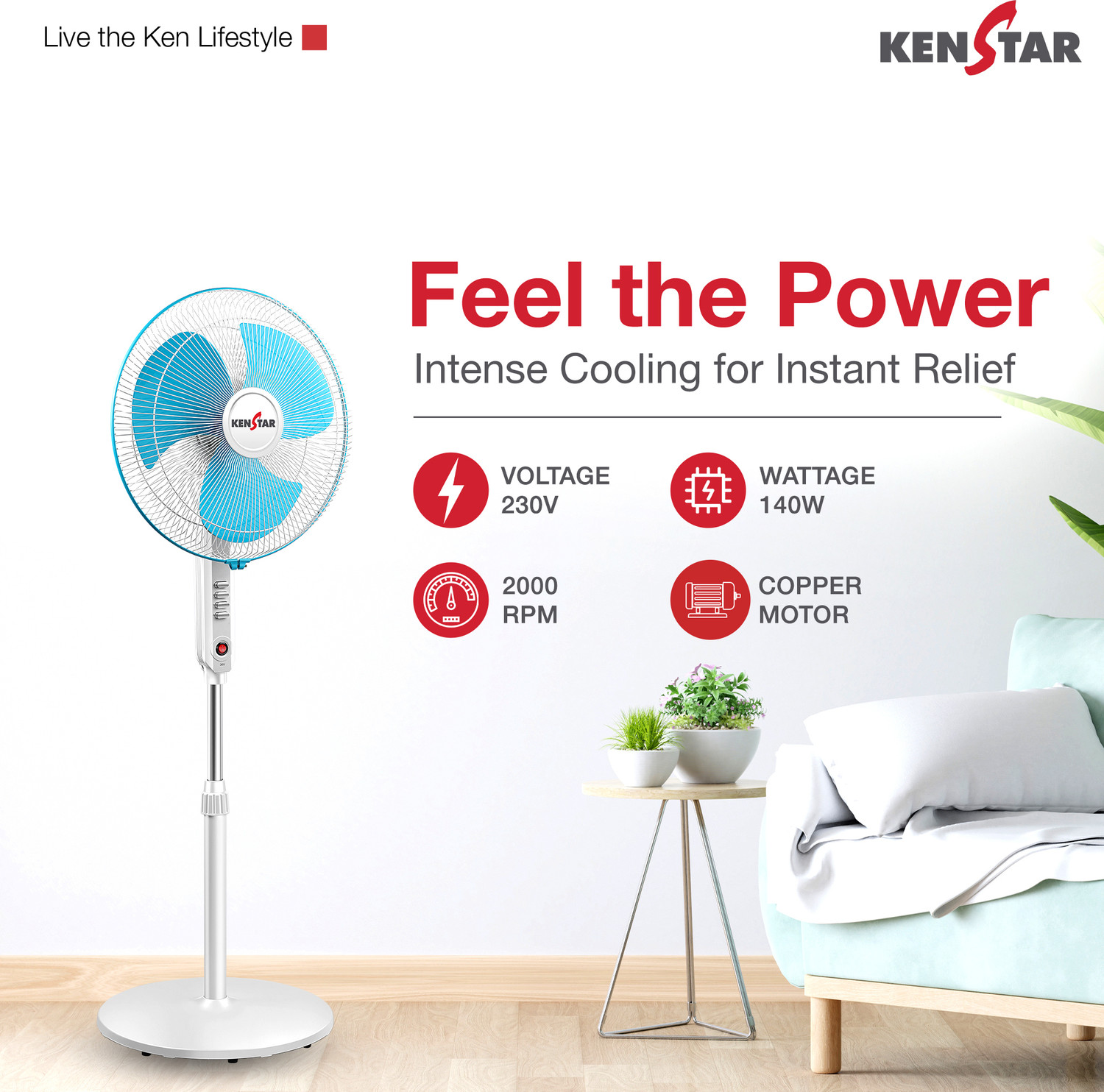 Image of Kenstar Wind Blaze Vector | Adjustable Height | High Speed with 12 Months Warranty 400 mm Pedestal Fan