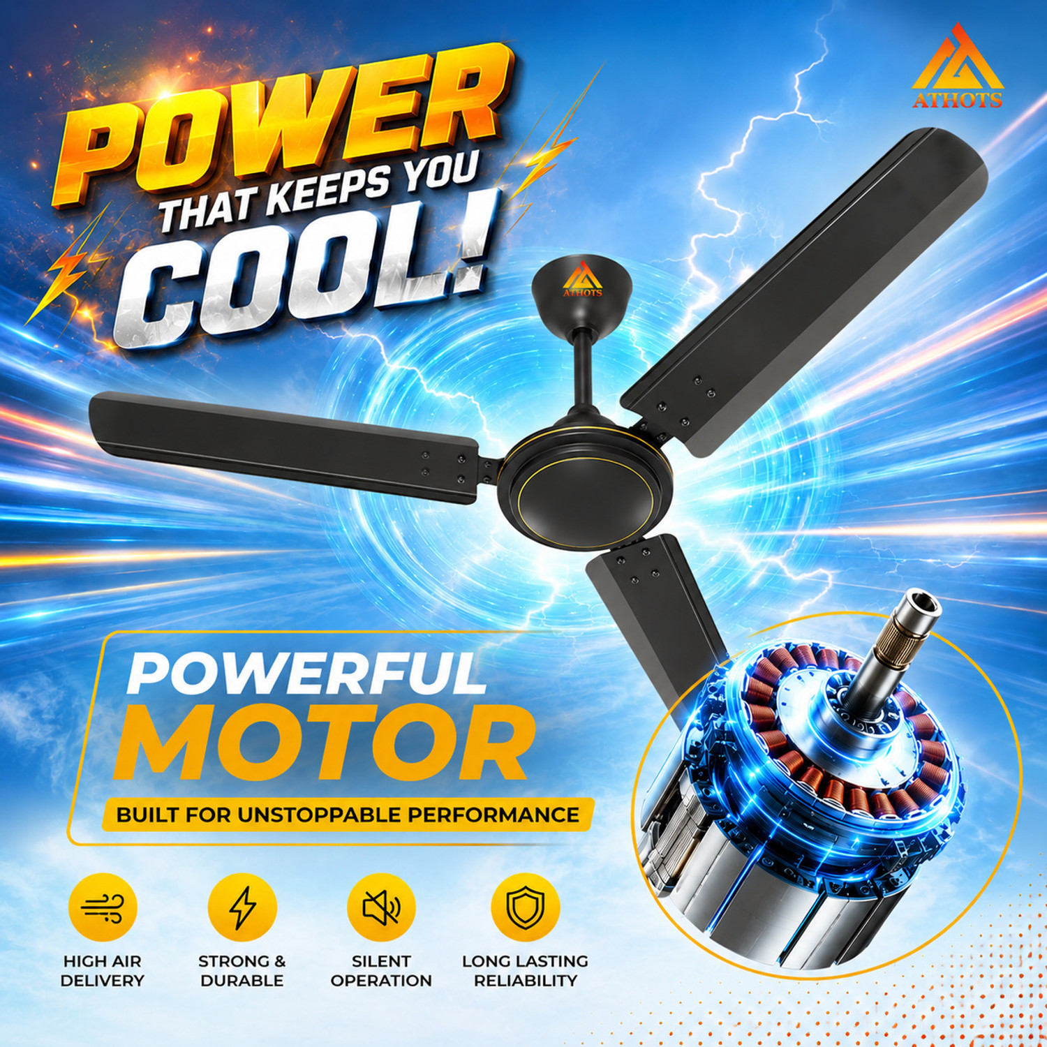 Image of Athots Mallet 48 Inch | Ultra High Speed with 30 Months Warranty High Air Delivery 1200 mm Ceiling Fan