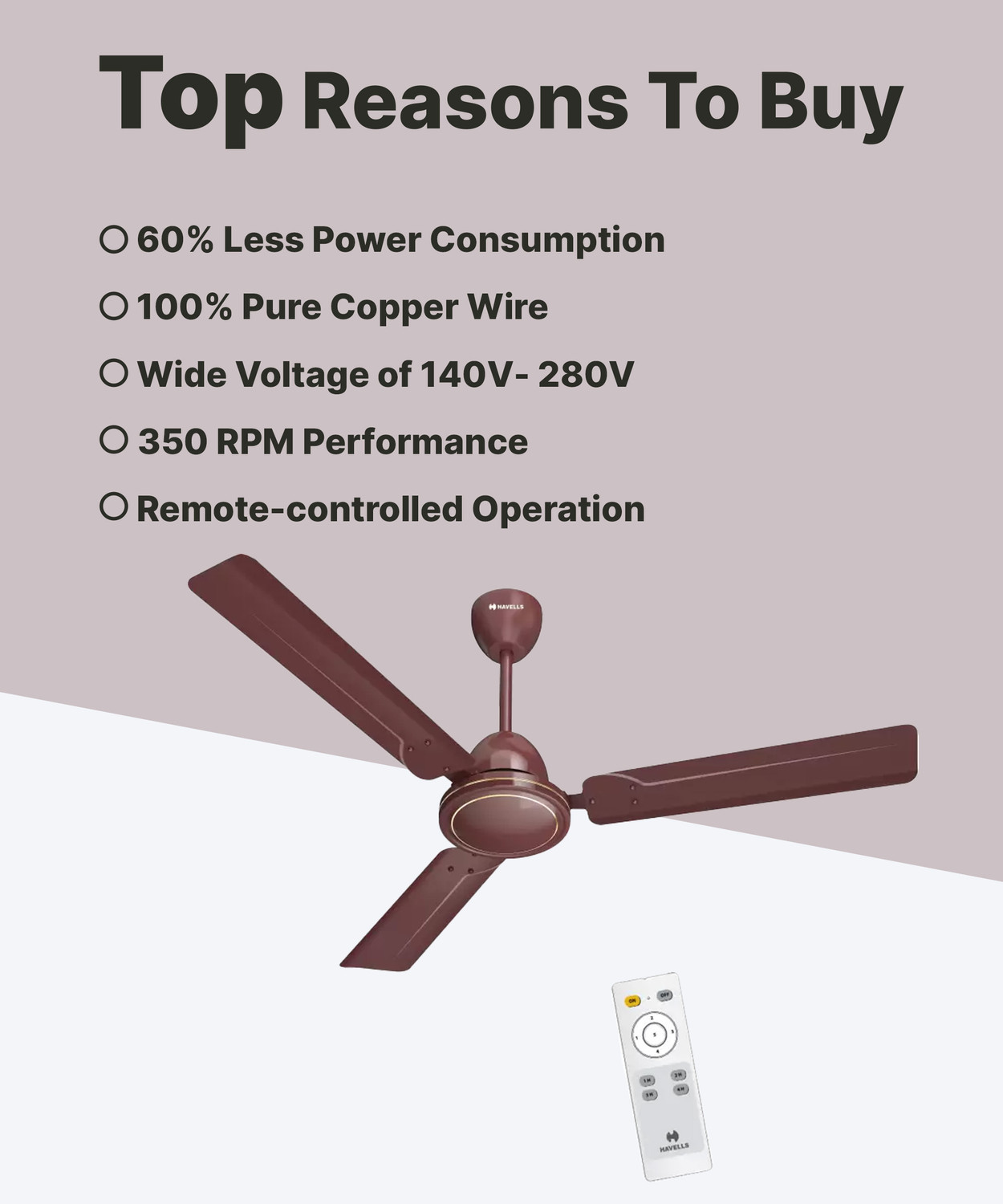 Image of HAVELLS Artemis BLDC with 2 Year Warranty BLDC Motor with Remote 1200 mm Ceiling Fan (5 Star | Brown | Pack of 1)