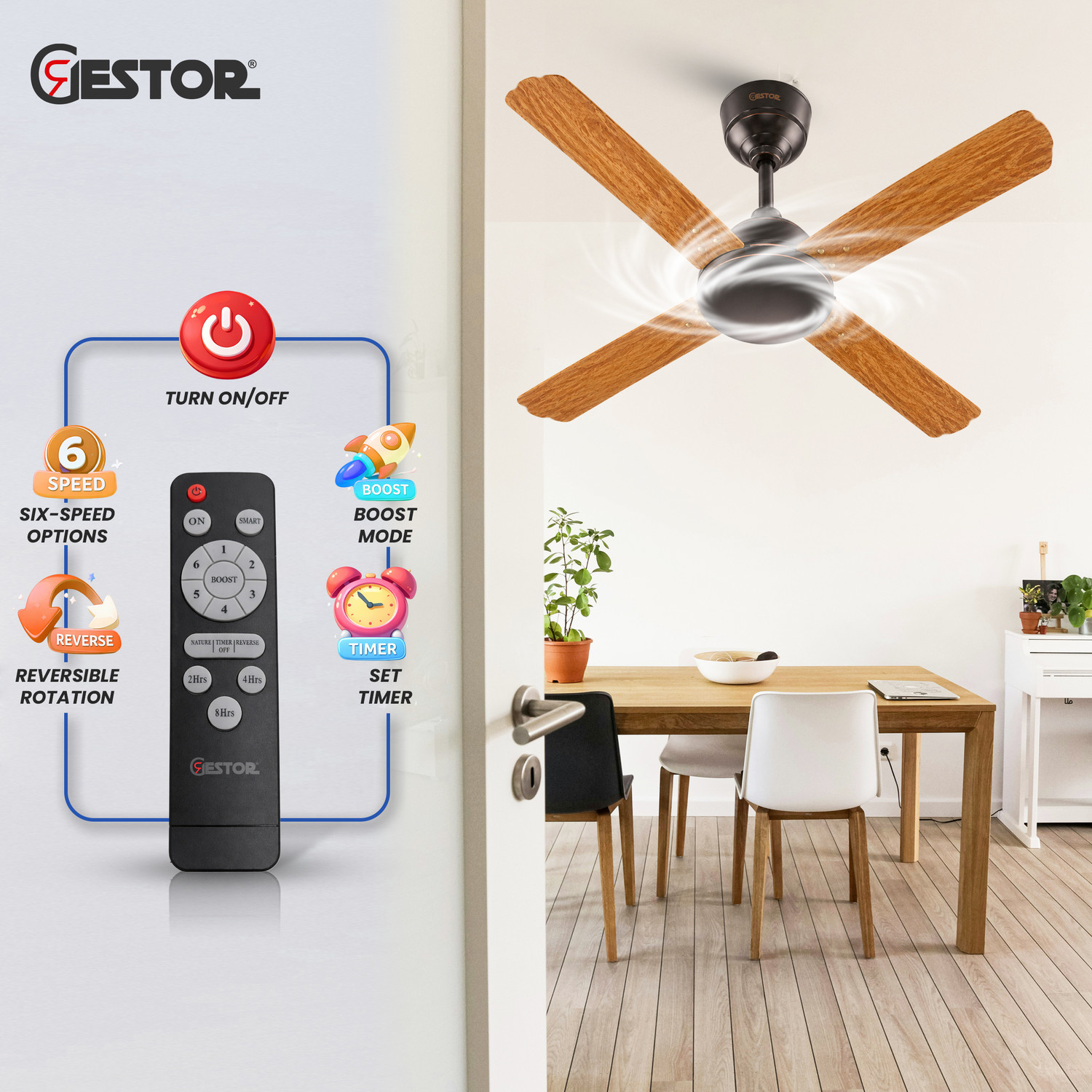 Image of GESTOR Avenzo 202 | 48 inch | Premum Series Super Hi Speed with 5 Year Warranty Anti Dust, BLDC Motor with Remote, Energy Saving, High Air Delivery, Silent Operation 1200 mm Ceiling Fan