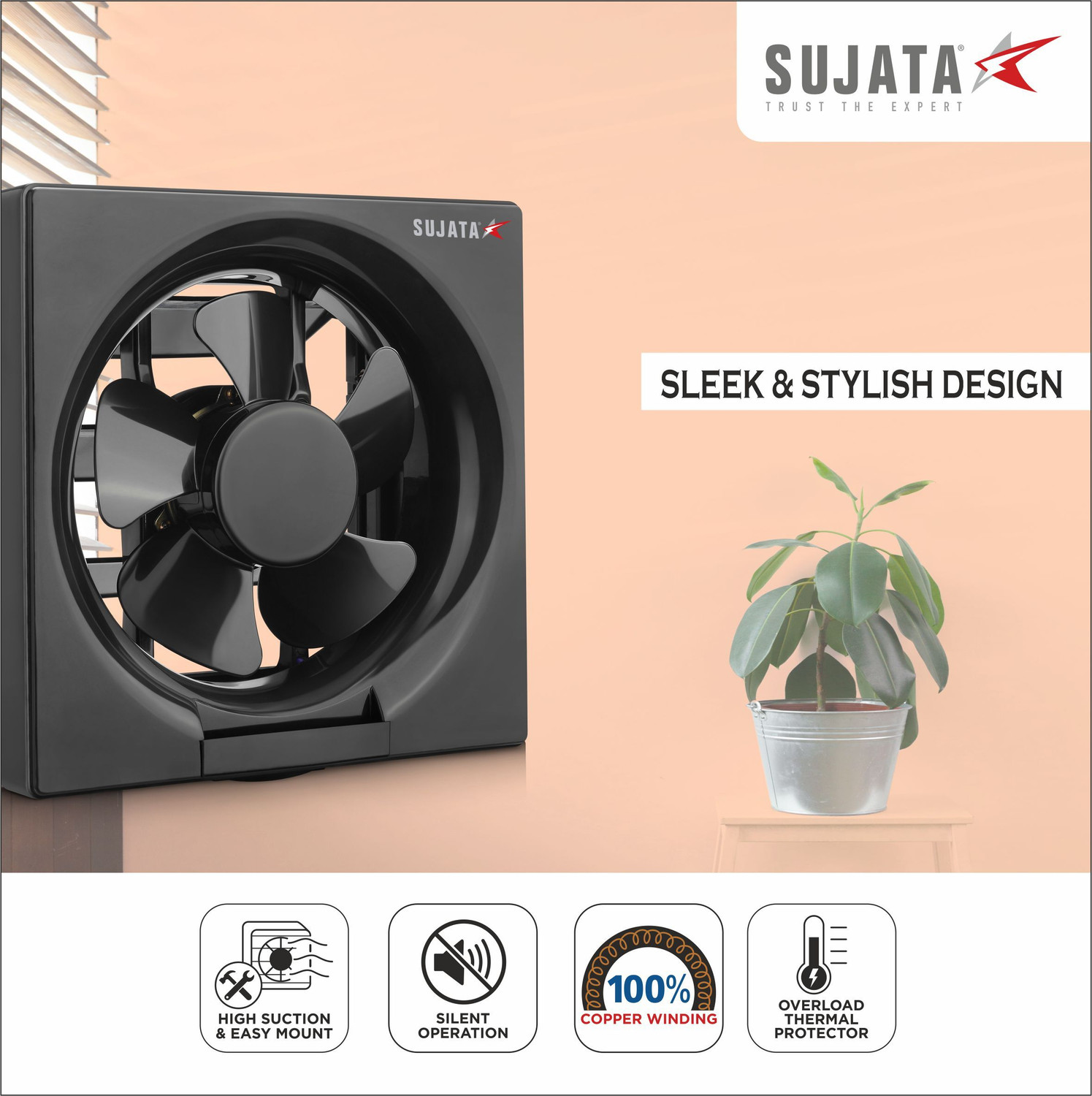 Image of SUJATA Woosh EPB81 Exhaust Fan 10 Inch | High Suction | Copper Winding |Ventilation Fan with 2 Year Warranty High Air Delivery, Silent Operation 250 mm Exhaust Fan
