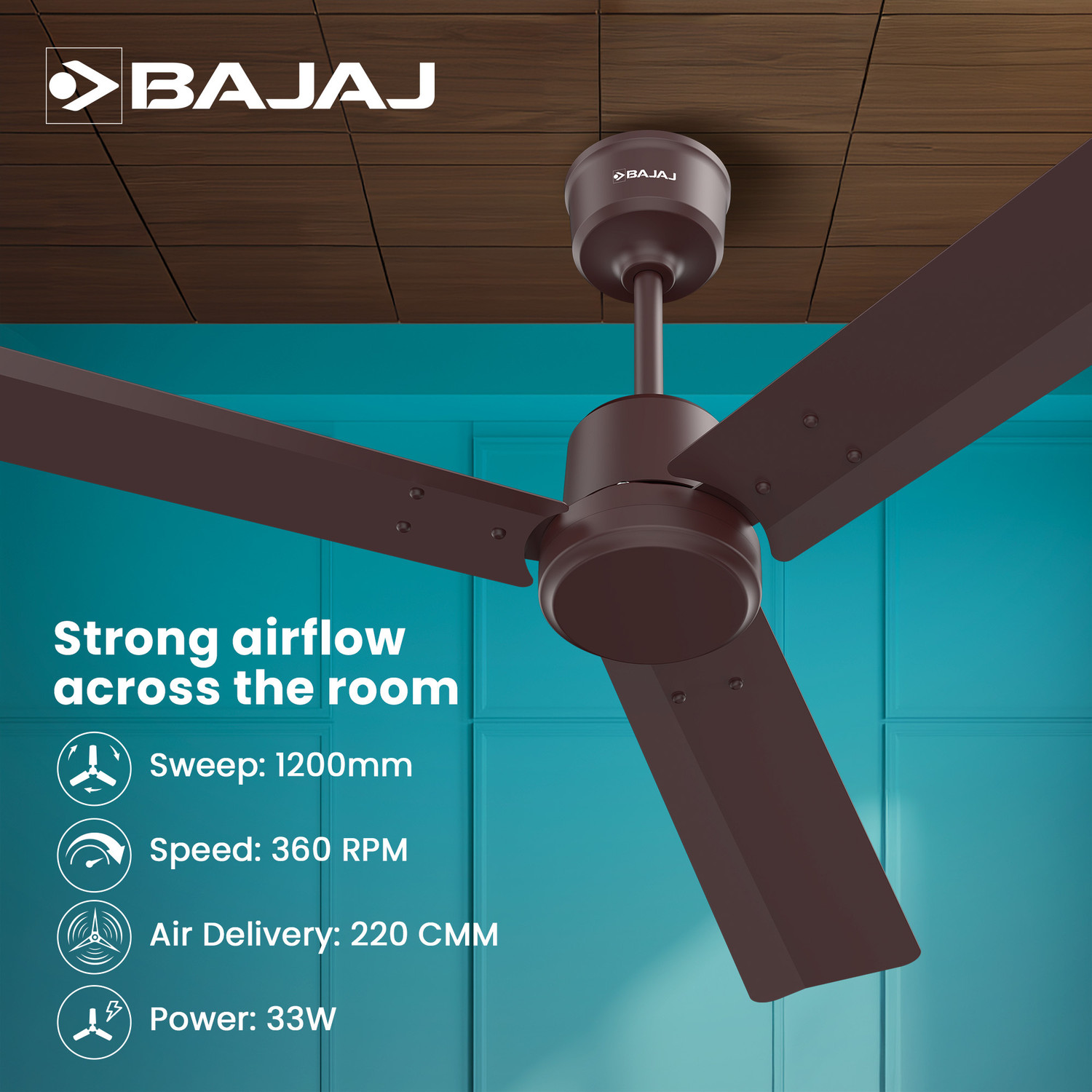 Image of BAJAJ Classico Sleek 1200mm Red Walnut Ceiling Fan with 2 Year Warranty BLDC Motor with Remote 1200 mm Ceiling Fan