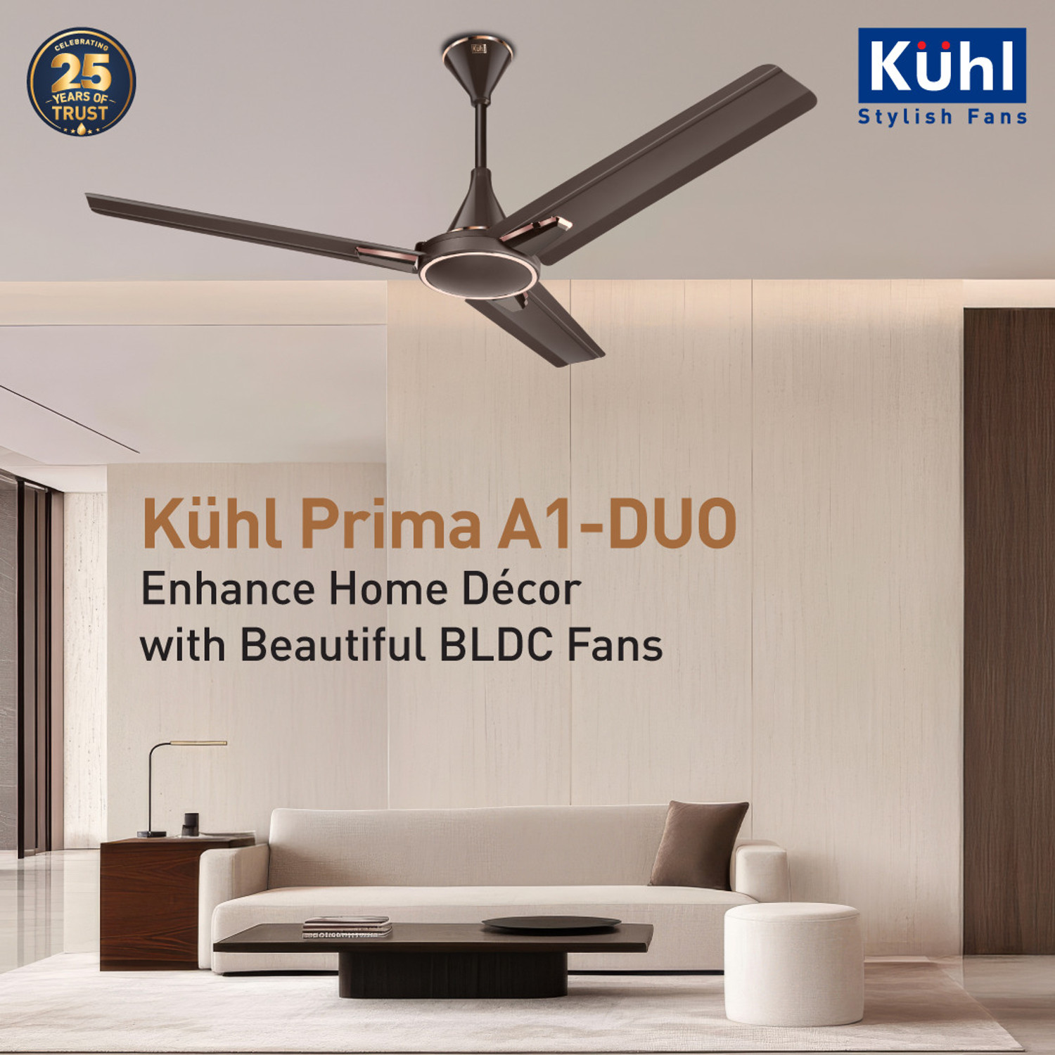 Image of KUHL Prima A1 Duo Power Saving BLDC Ceiling Fan | Remote & Regulator Operated BLDC Motor with Remote 1200 mm Ceiling Fan