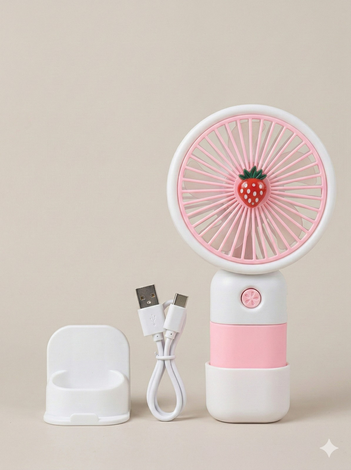 Image of jp enterprise Strawberry Mini Handheld Fan USB Rechargeable Pink Portable 70 mm Table Fan