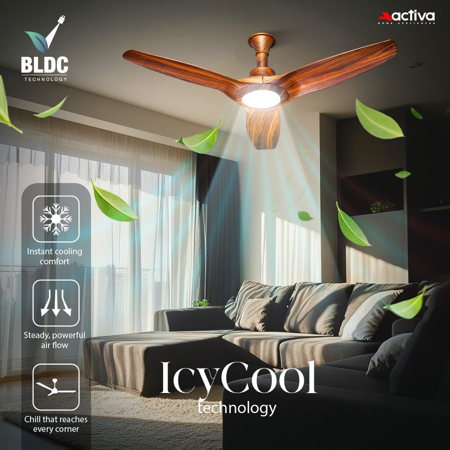 Image of ACTIVA Silentair Wooden | BLDC Motor | Remote Control | LED Light with 5 Year Warranty BLDC Motor with Remote 1200 mm Ceiling Fan