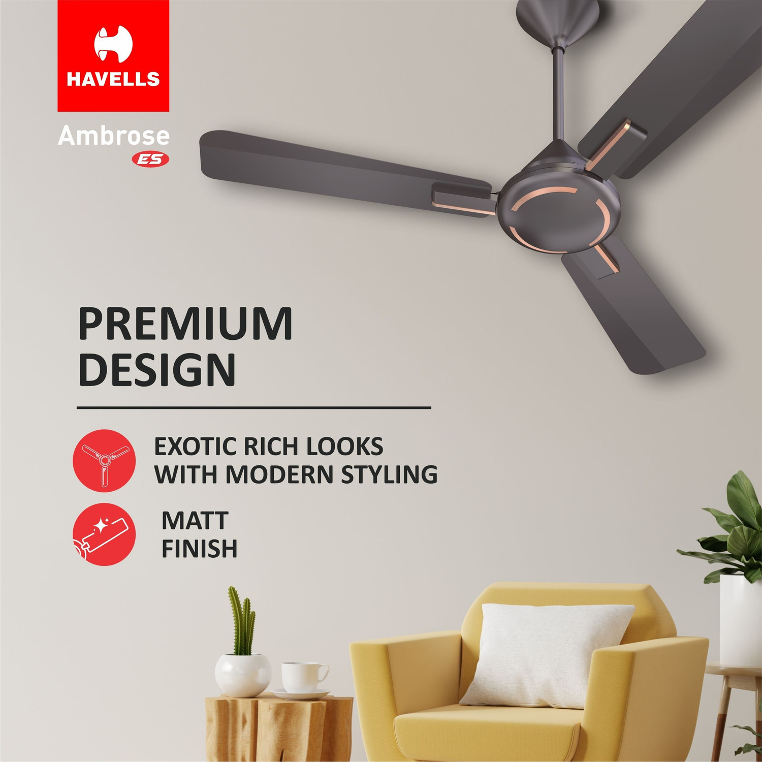Image of HAVELLS AMBROSE HS with 2 Year Warranty Energy Saving 1200 mm Ceiling Fan (1 Star | Copper | Pack of 1)