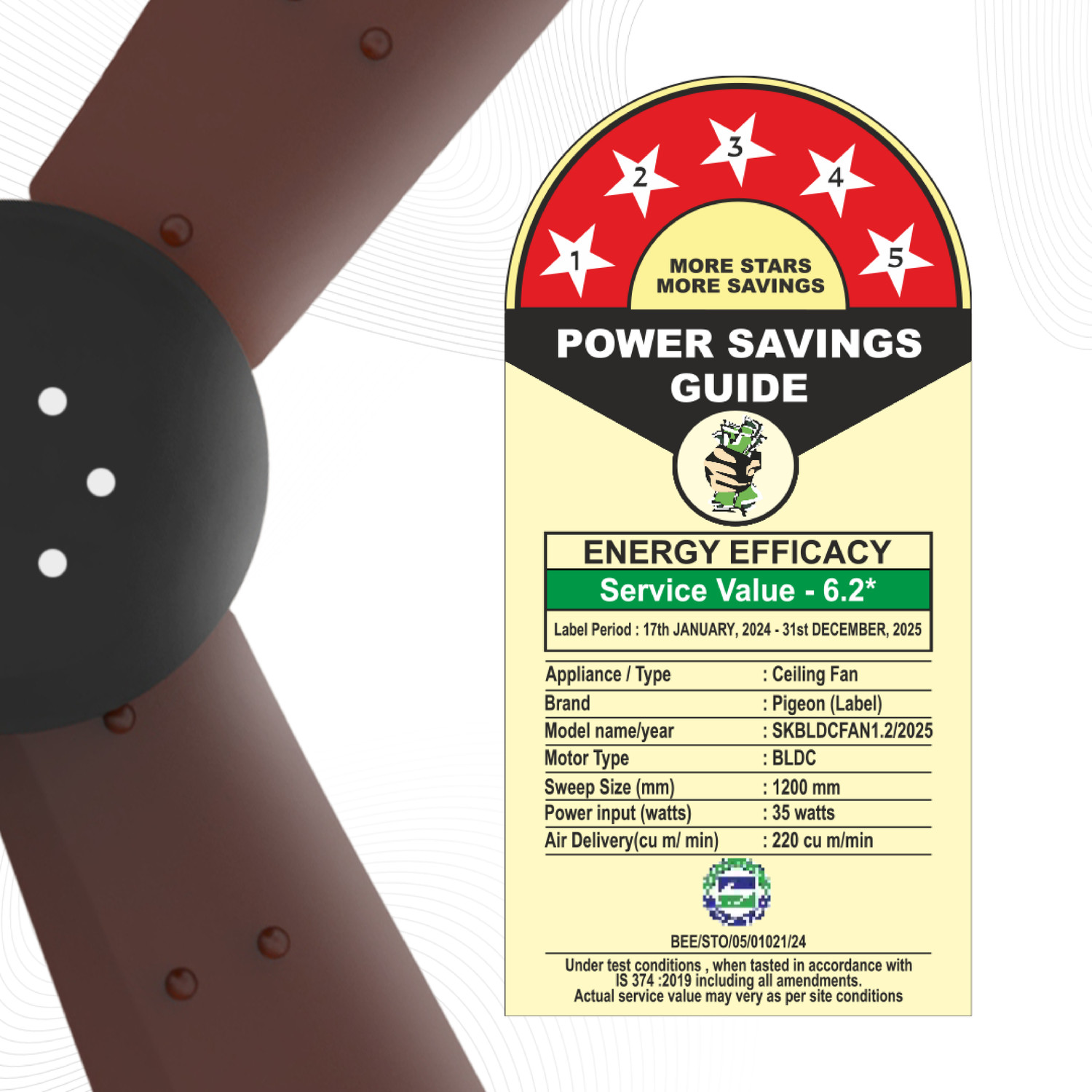Image of Pigeon 19004495 with 2 Year Warranty 1200 mm Ceiling Fan (5 Star | Dark Brown | Pack of 1)