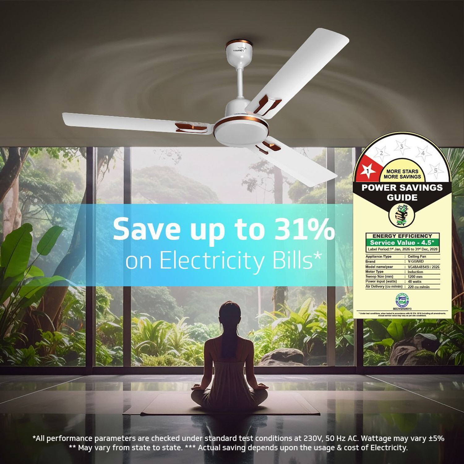 Image of V-Guard Pace Art Bz (Pebble White) | Energy Saving | High Speed | Decorative with 2 Year Warranty Energy Saving 1200 mm Ceiling Fan