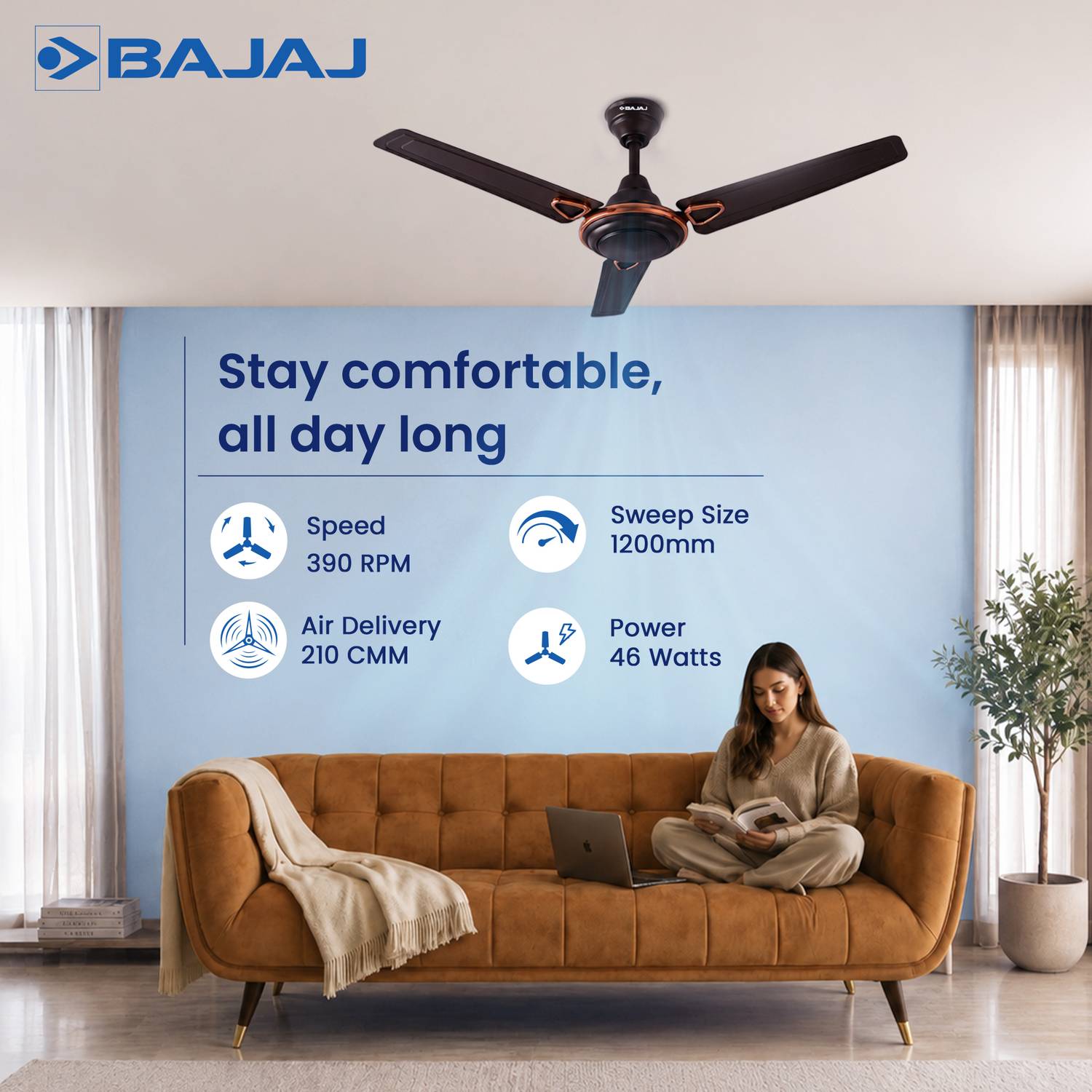 BAJAJ Frore Deco Turbo 1200mm Brown Ceiling Fan - Image 5