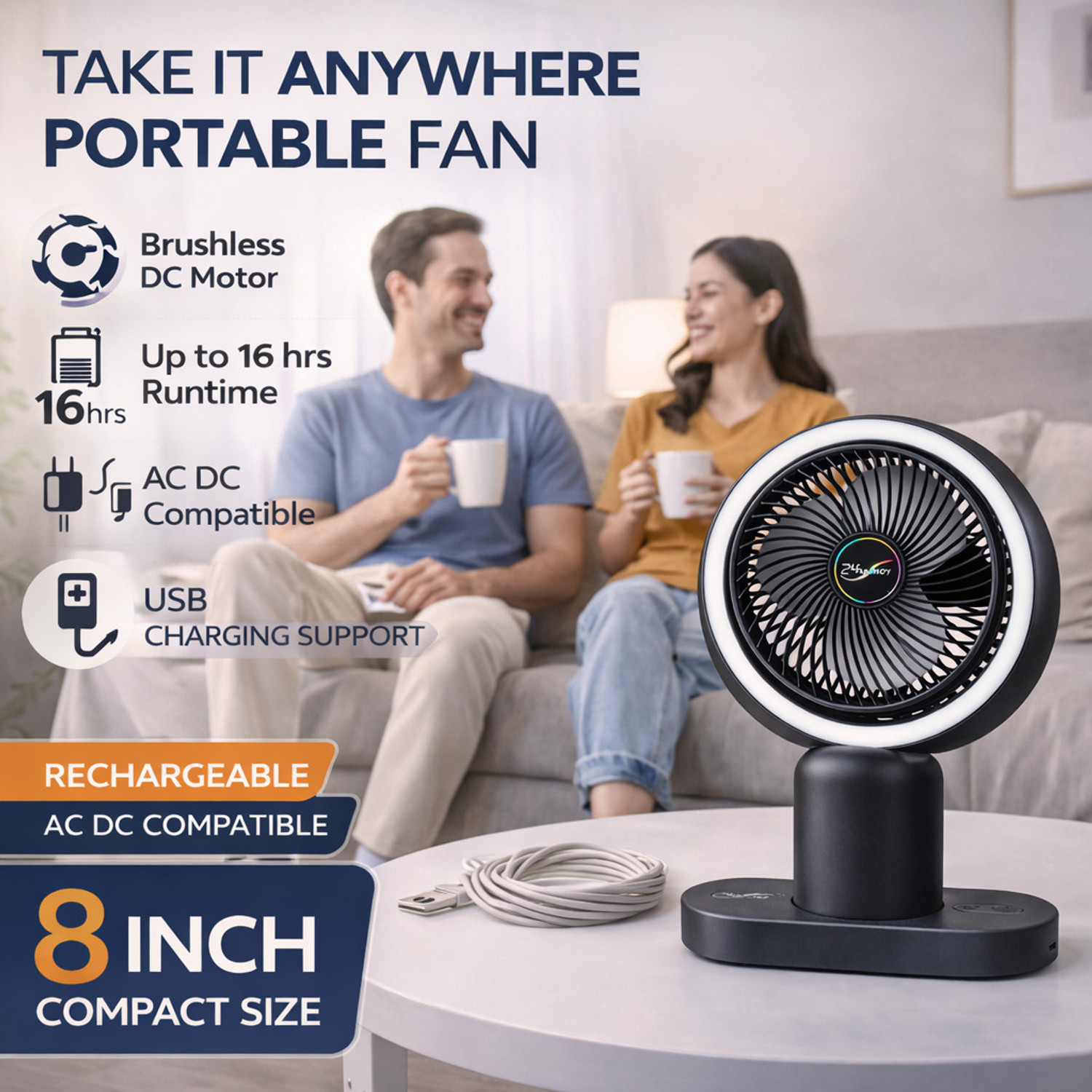 Image of nts Mini Portable USB Rechargeable Fan 3 Speed Cute Bear Table Fan BLDC Motor, Energy Saving 100 mm Table Fan