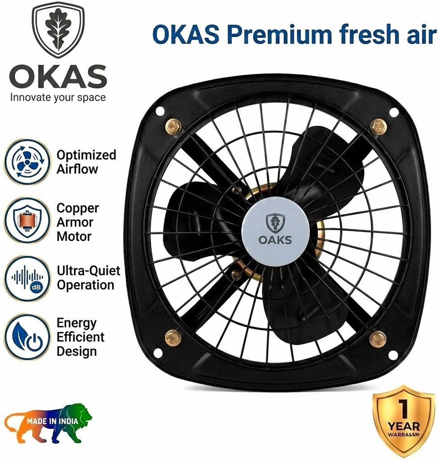 Image of Oaks | Strong | Low Noise | Energy Efficient | Rust Proof 12 mm Exhaust Fan