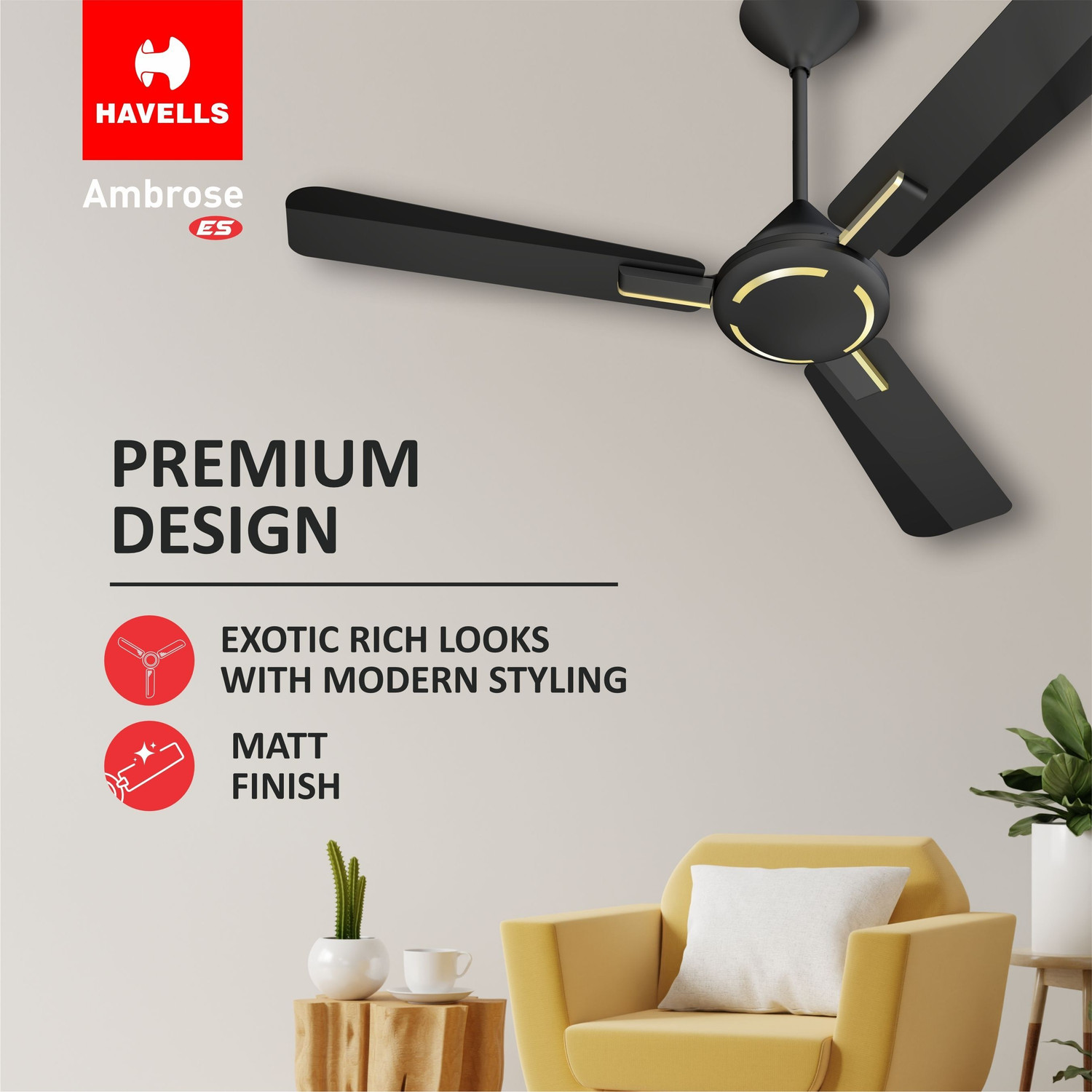 Image of HAVELLS AMBROSE HS with 2 Year Warranty Energy Saving 1200 mm Ceiling Fan (1 Star | Midnight | Pack of 1)