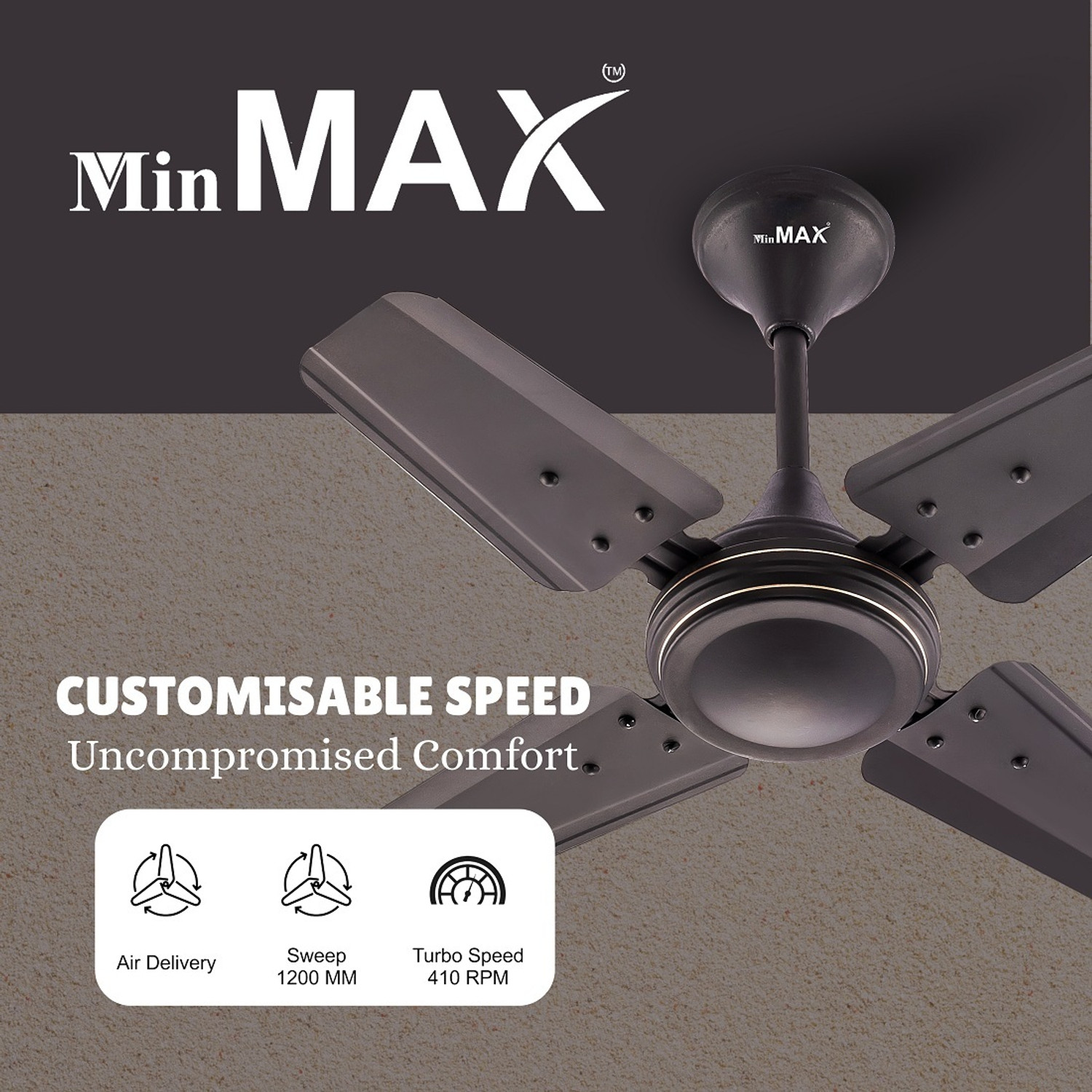 Image of MinMAX 24 Inch Ceiling Fan | Energy Saving | High Speed Motor | Smoke Brown with 24 Months Warranty Silent Operation 600 mm Ceiling Fan