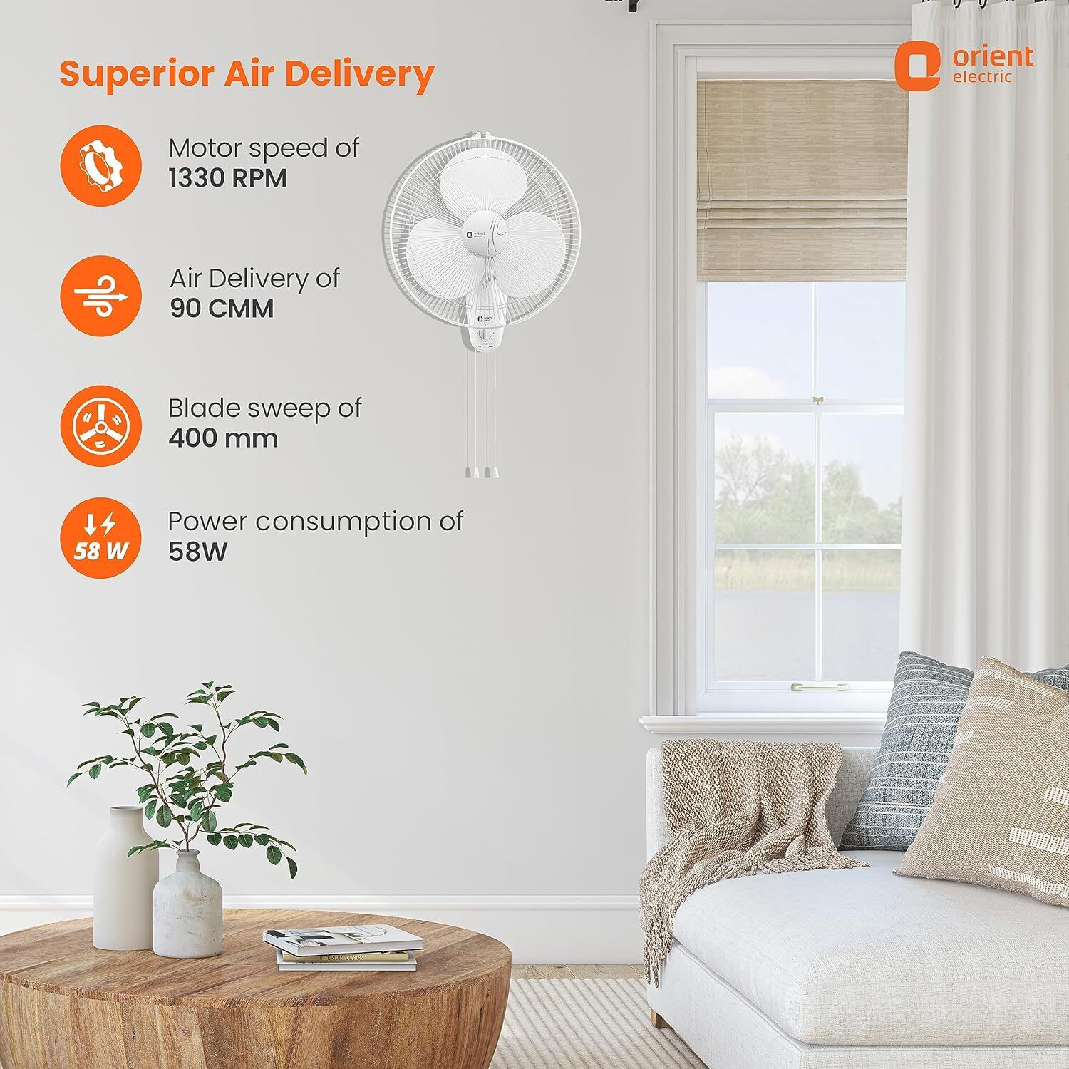 Image of Orient Electric 400MM WALL 44 FAN NORMAL SPEED WALL MOUNT FAN (NOISE LESS) with 2 Year Warranty Energy Saving 400 mm Wall Fan