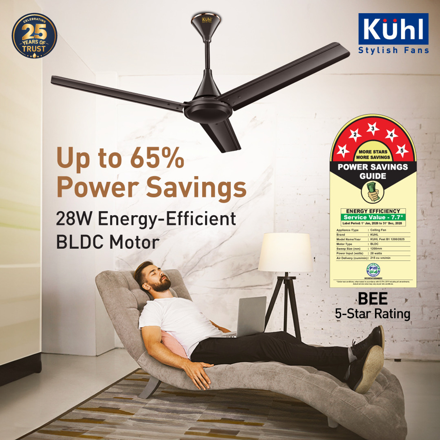 Image of KUHL Fest B1 Power Saving BLDC Ceiling Fan |28W|365 RPM | Remote & Regulator Operated BLDC Motor with Remote 1200 mm Ceiling Fan (5 Star | Espresso | Pack of 1)