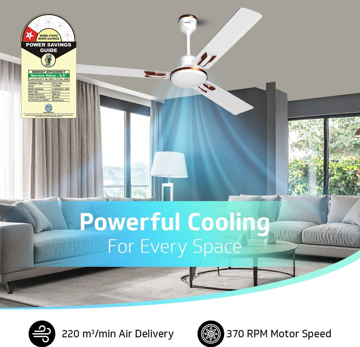 Image of V-Guard Pace Art Bz (Pebble White) | Energy Saving | High Speed | Decorative with 2 Year Warranty Energy Saving 1200 mm Ceiling Fan