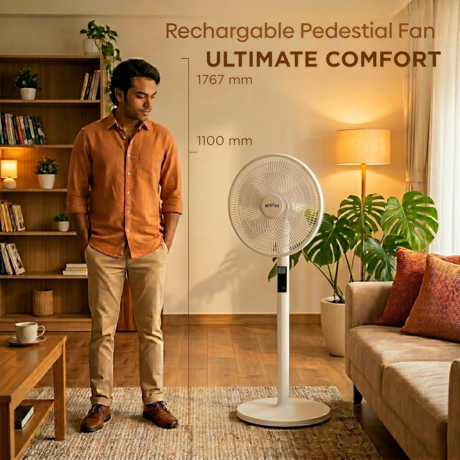 Image of Artifax Rechargeable Air Circulator Fan 10400mAh | 9 Speed | Oscillating with 1 Year Warranty Remote Controlled, High Air Delivery, Energy Saving, BLDC Motor with Remote, BLDC Motor 365 mm Pedestal Fan