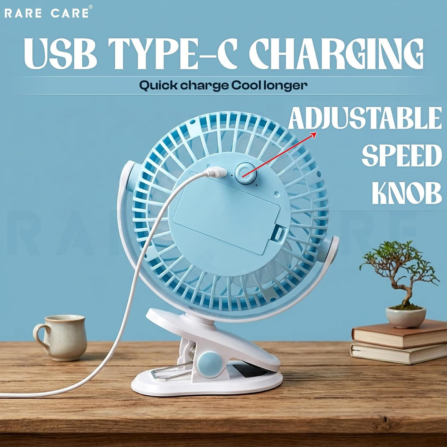 Image of Rarecare Table Fan for Home | Rechargeable | C-Type 5-Hours Battery Backup | 3 Speed with 12 Months Warranty 190.5 mm Table Fan