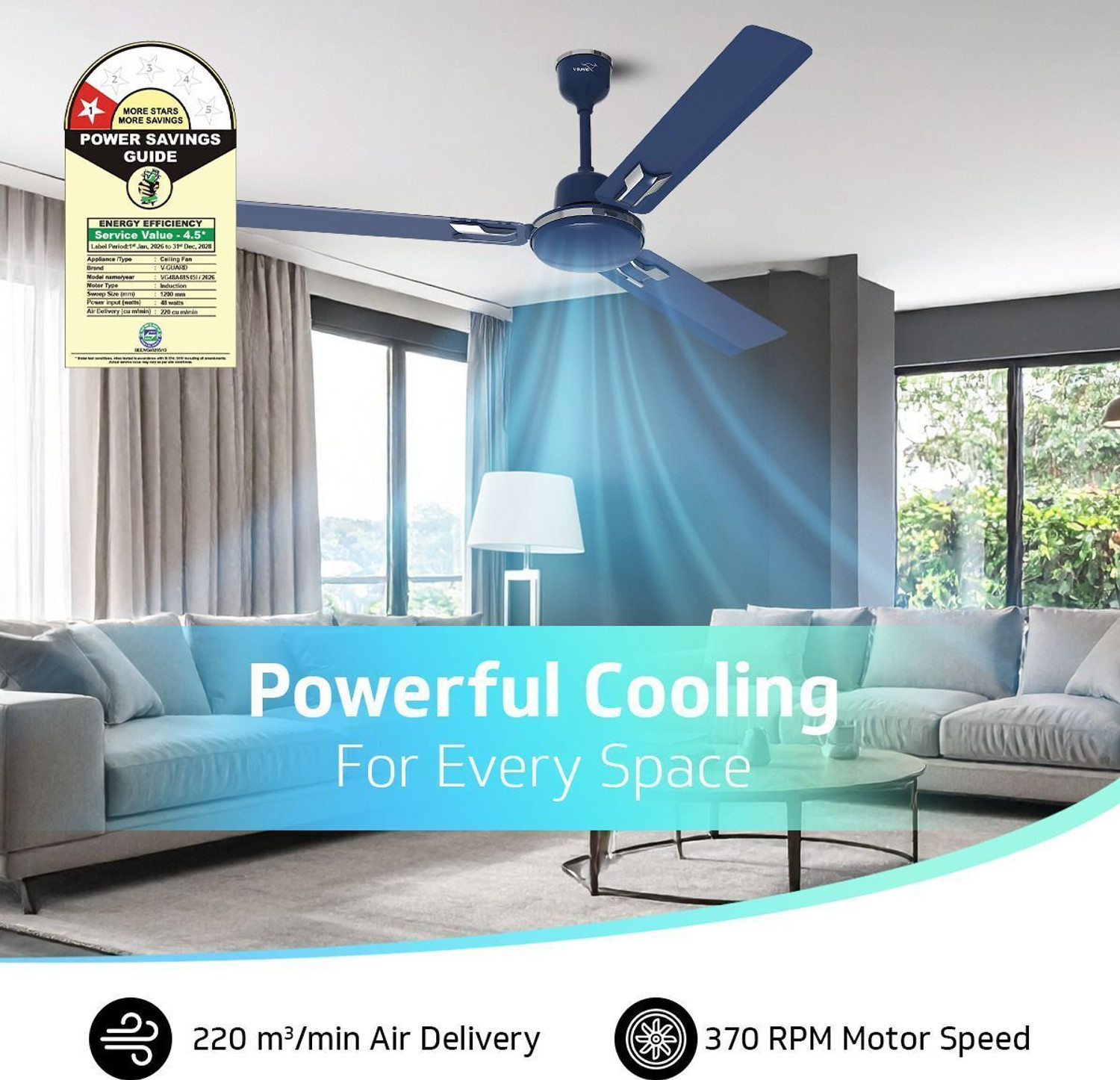 Image of V-Guard Pace Art Bz (Royal Blue) | Energy Saving | High Speed | Decorative with 2 Year Warranty Energy Saving 1200 mm Ceiling Fan