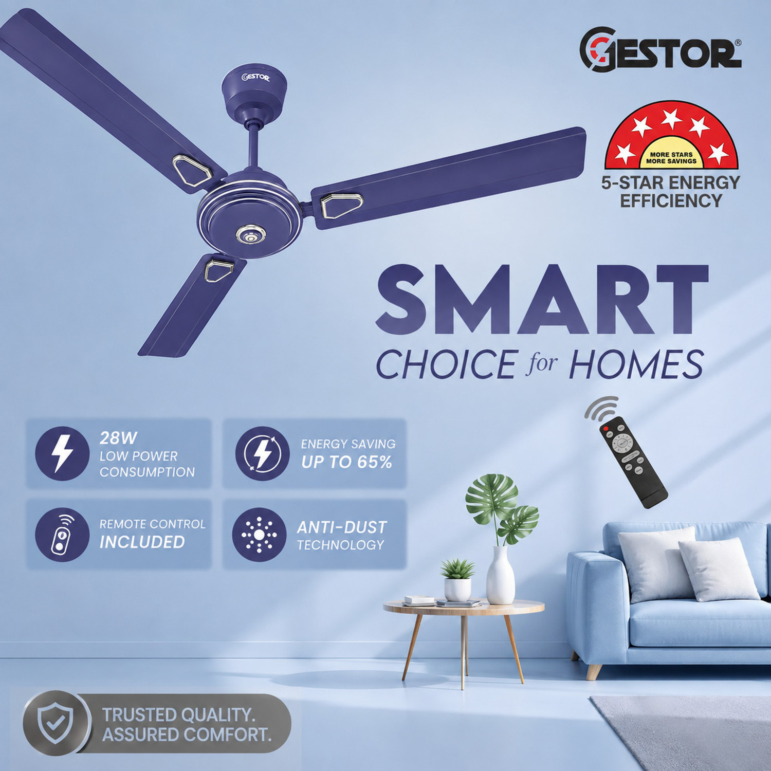 Image of GESTOR Avenzo | BLDC | Super Hi Speed 48 inch with 5 Year Warranty Anti Dust, BLDC Motor with Remote, Energy Saving, Silent Operation 1200 mm Ceiling Fan