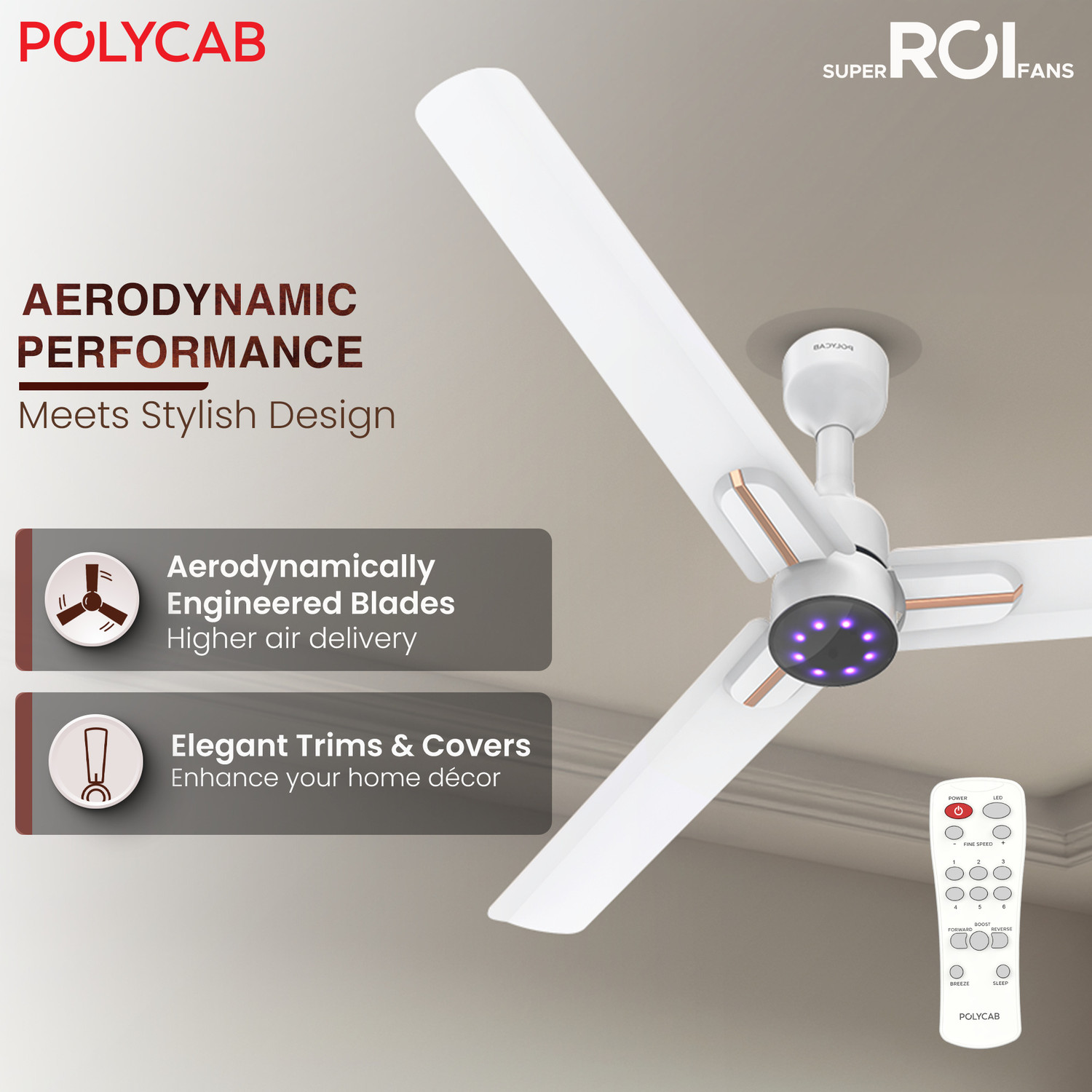Image of Polycab Wizzy Neo LED 2.0100% CopperHigher Air DeliveryLED Indicator with 3 Year Warranty BLDC Motor with Remote 1200 mm Ceiling Fan