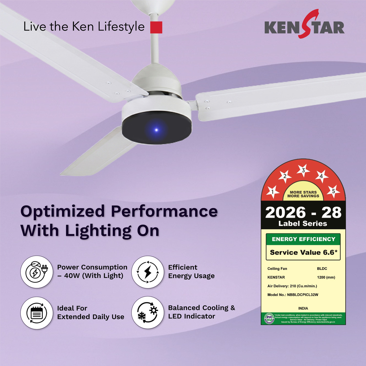 Image of Kenstar NBBLDCPICL32W with 2 Year Warranty Energy Saving 1200 mm Ceiling Fan