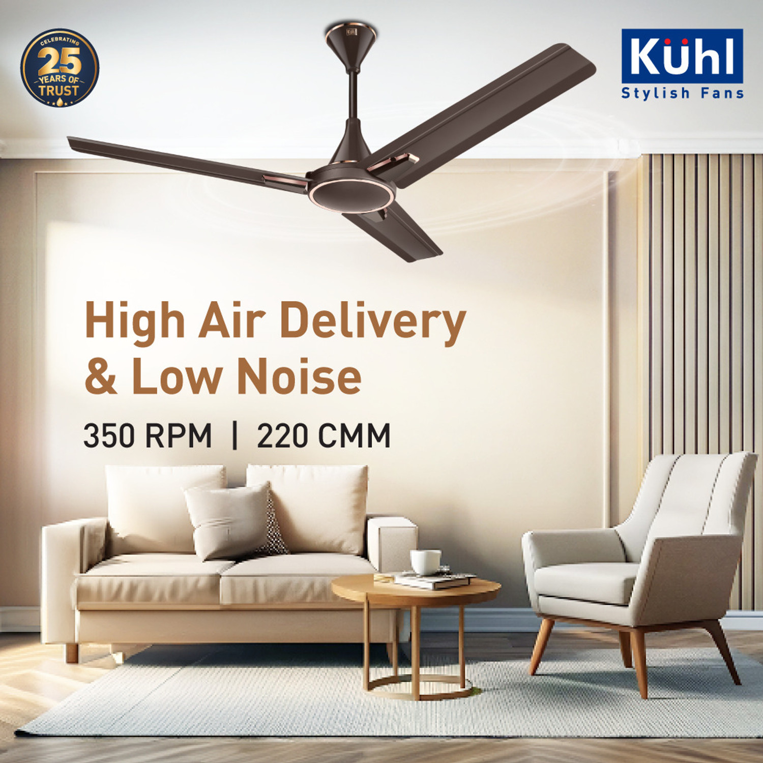 Image of KUHL Prima A1 Duo Power Saving BLDC Ceiling Fan | Remote & Regulator Operated BLDC Motor with Remote 1200 mm Ceiling Fan