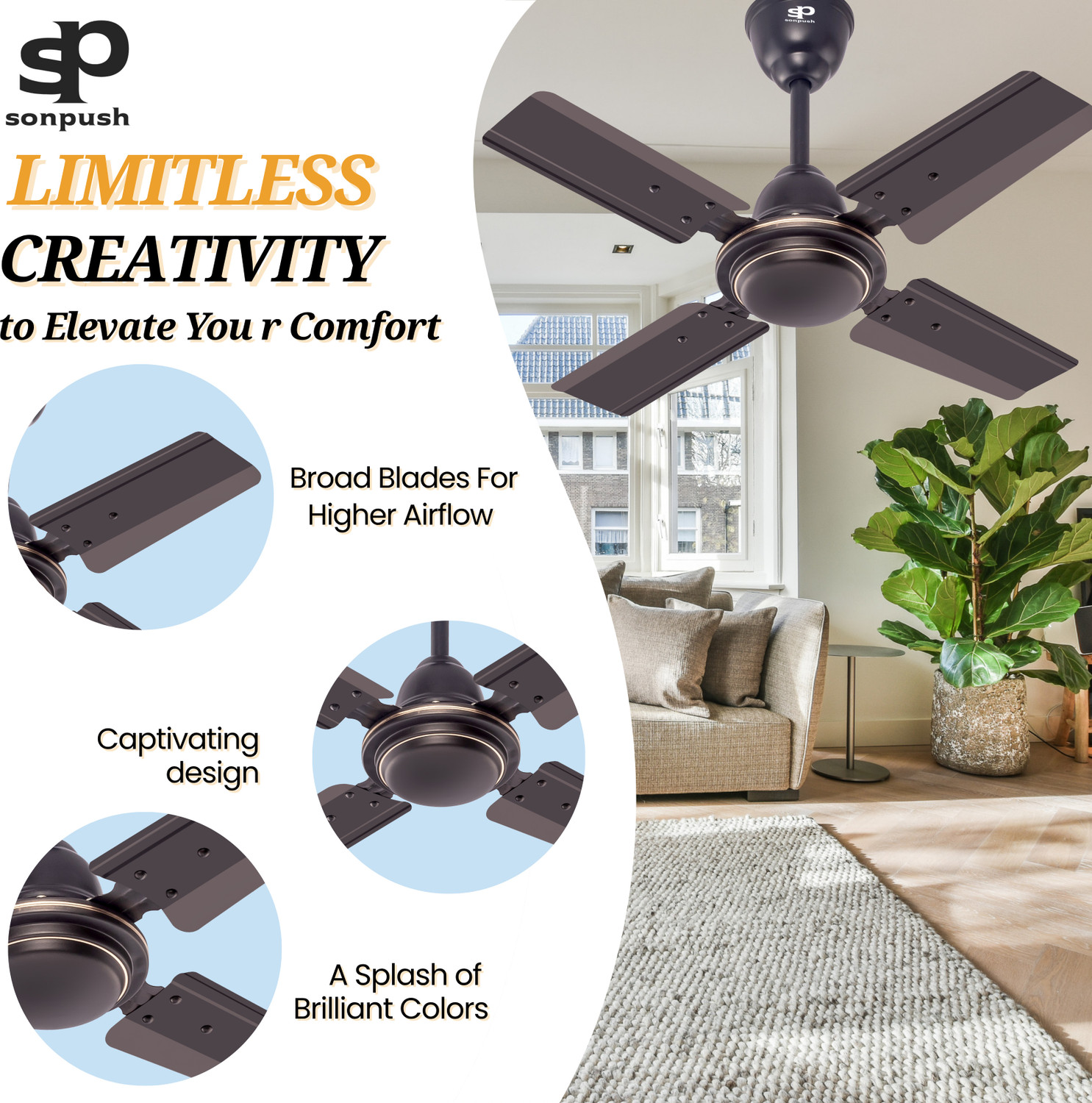Image of Sonpush 4 Blade Black Fan 02 with 24 Months Warranty 390 mm Ceiling Fan