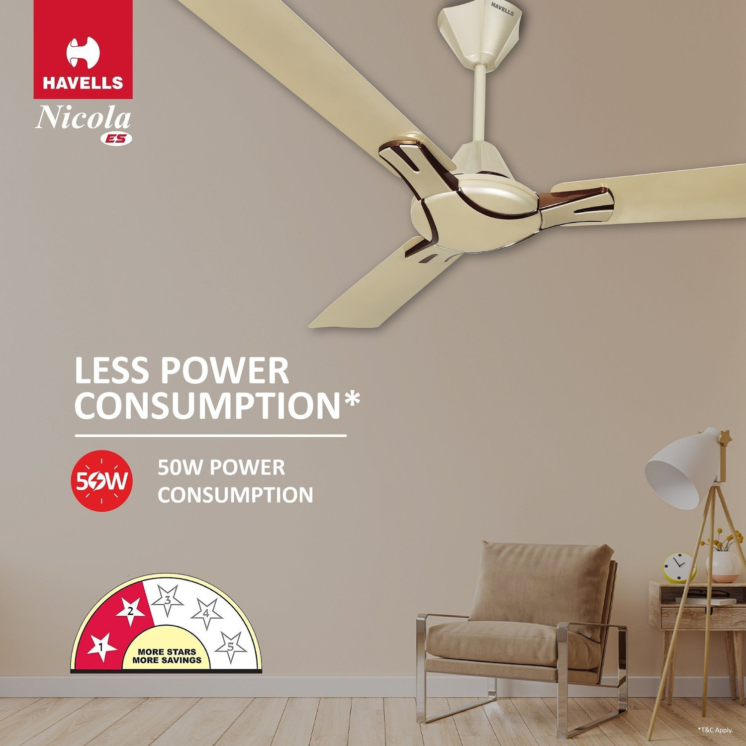 Image of HAVELLS Nicola|Energy Saving|Low Noise|Decorative|50W|100% Copper Motor with 2 Year Warranty Energy Saving 1200 mm Ceiling Fan