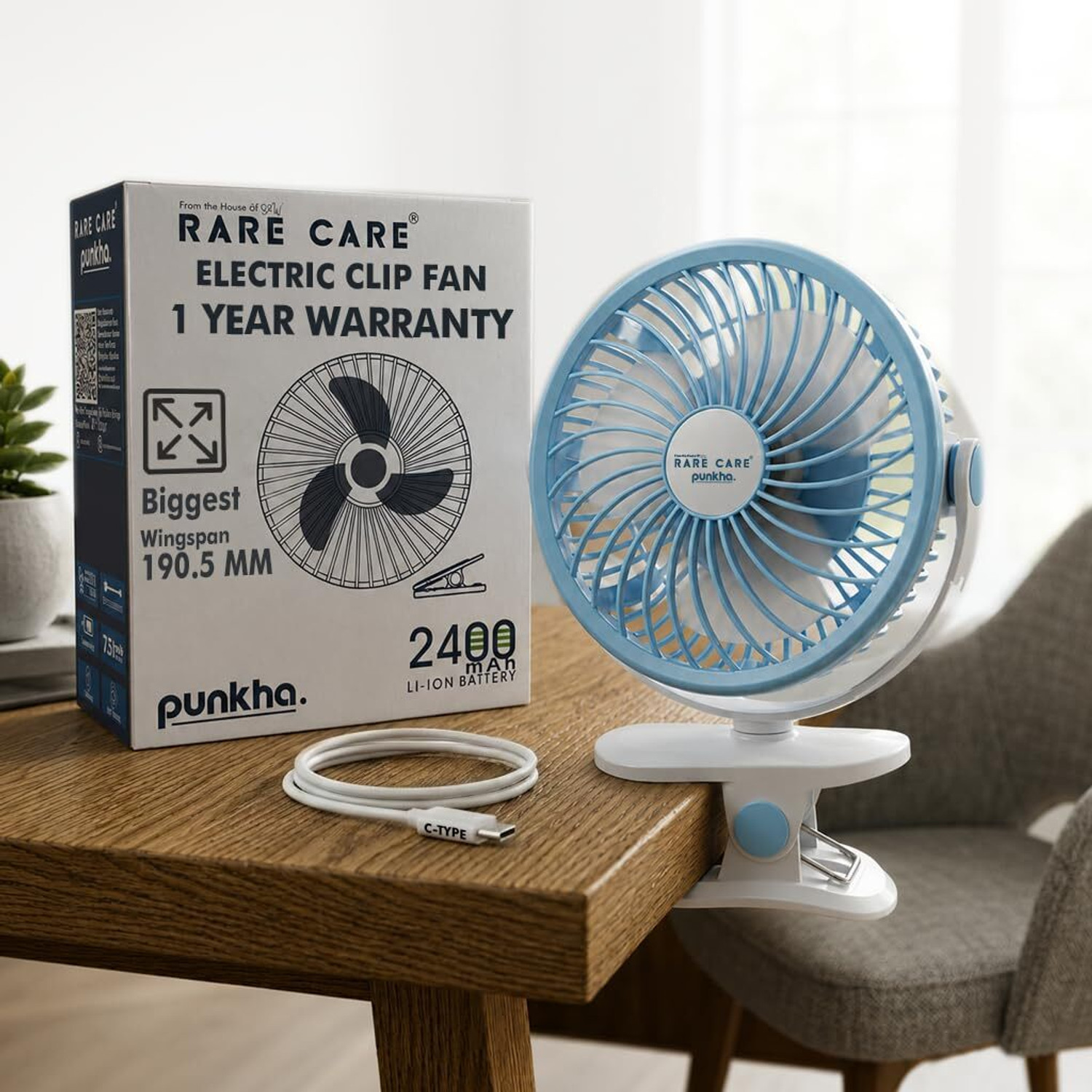 Image of Rarecare Table Fan for Home | Rechargeable | C-Type 5-Hours Battery Backup | 3 Speed with 12 Months Warranty 190.5 mm Table Fan